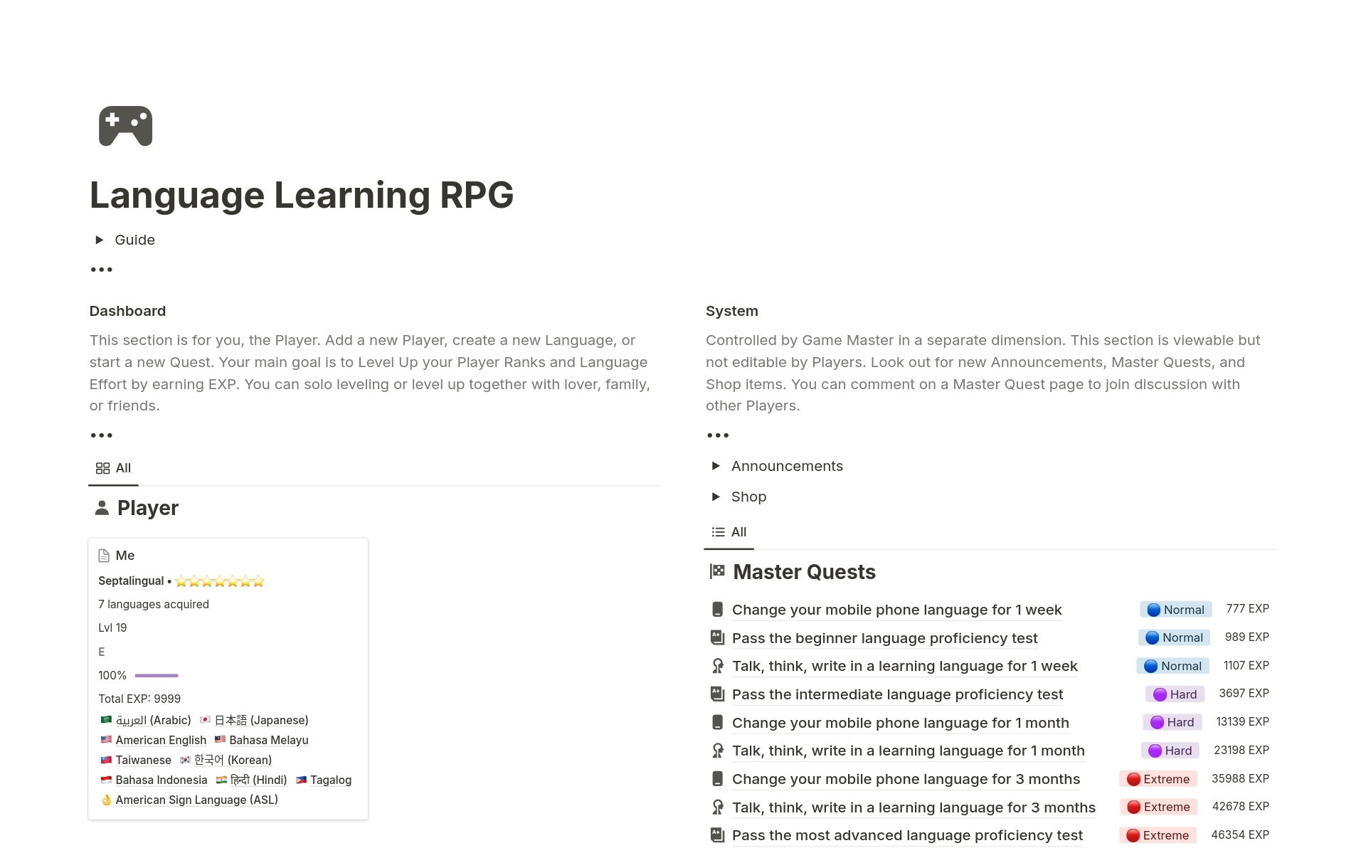 En förhandsgranskning av mallen för Language Learning RPG