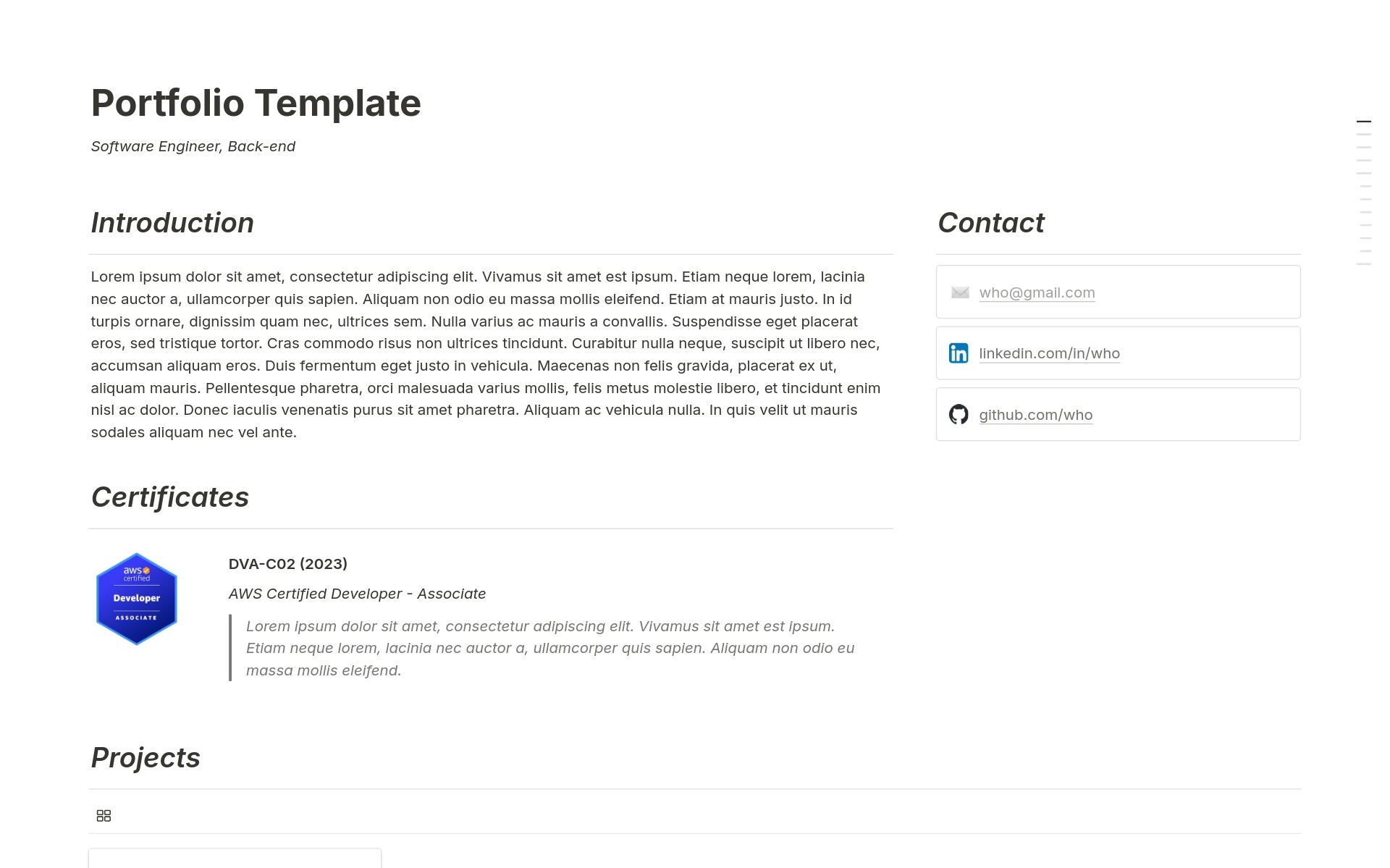 This portfolio template is a comprehensive template designed to showcase your skills, projects, certifications. Ideal for software engineers, it includes sections for skill stacks; languages, frameworks, databases, or whatever you add.