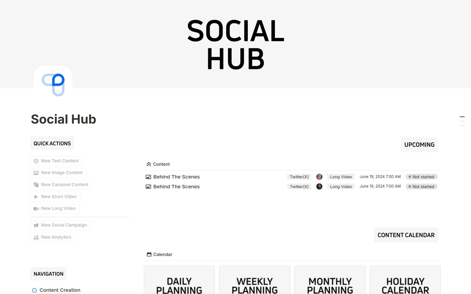 Boost social media strategy with Social Hub, an all-in-one Notion template for scheduling, campaign management, engagement tracking, and more.