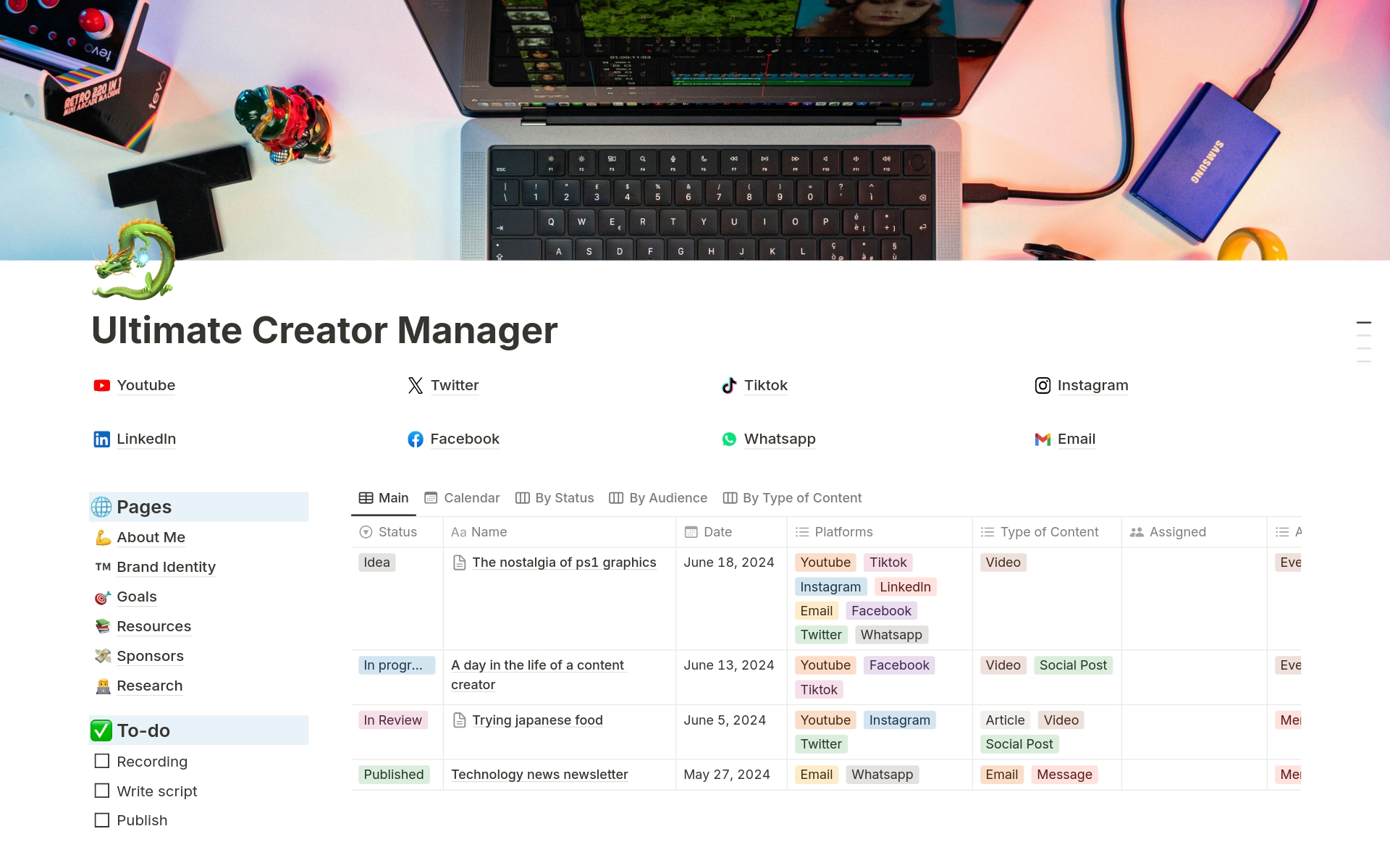 Notion Templete for Content Creators. Get a great Notion manager that centralizes your content ideas, goals, sponsors and everything in between.