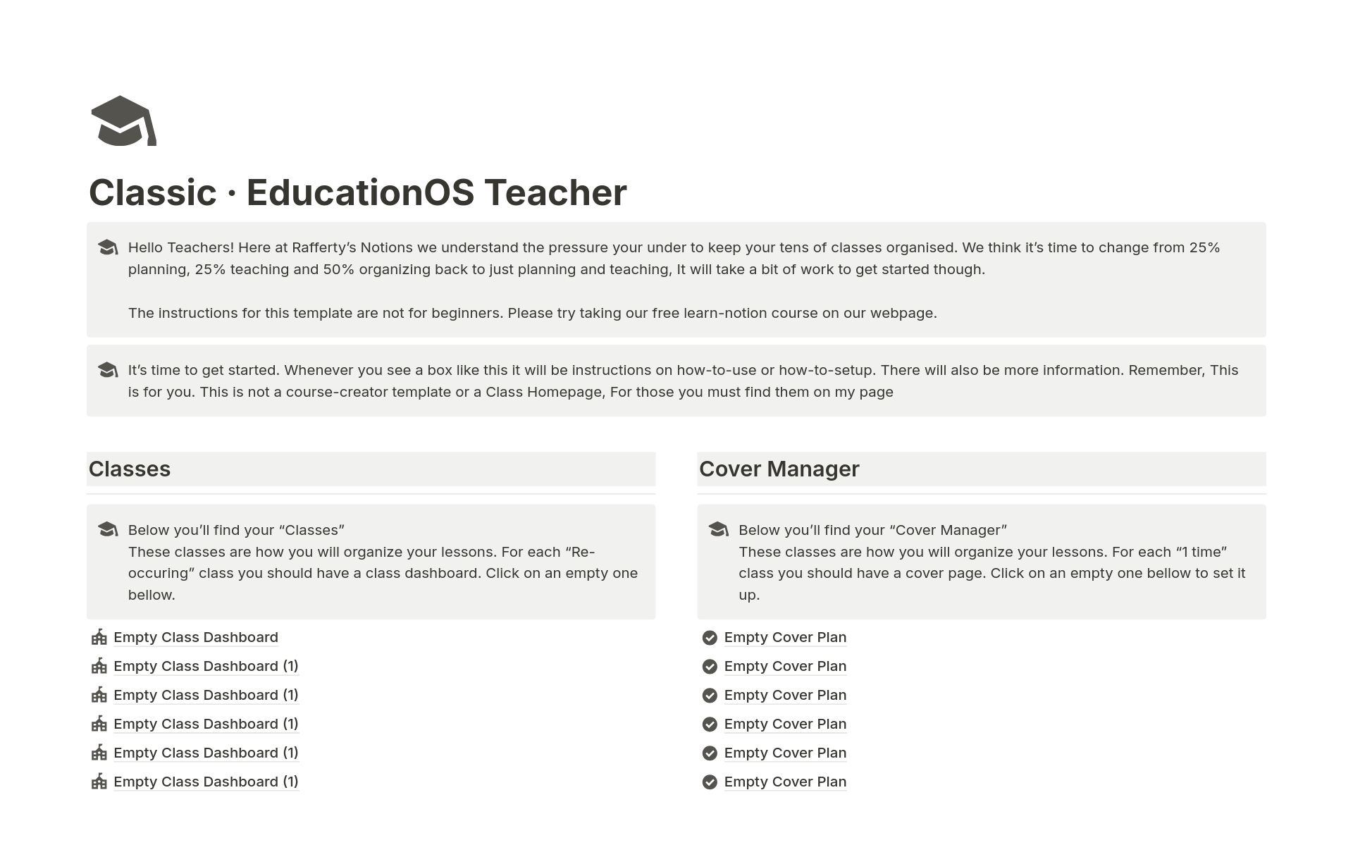 En förhandsgranskning av mallen för Classic EducationOS Teacher