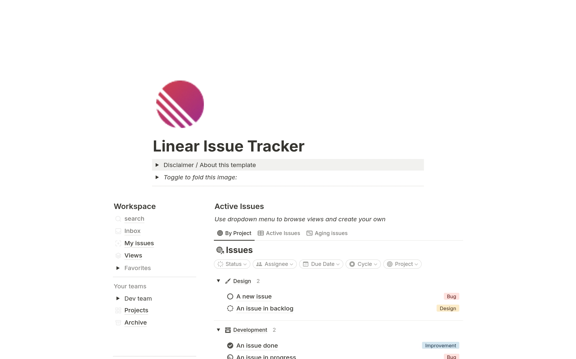 Eine Vorlagenvorschau für Linear Issue Tracker