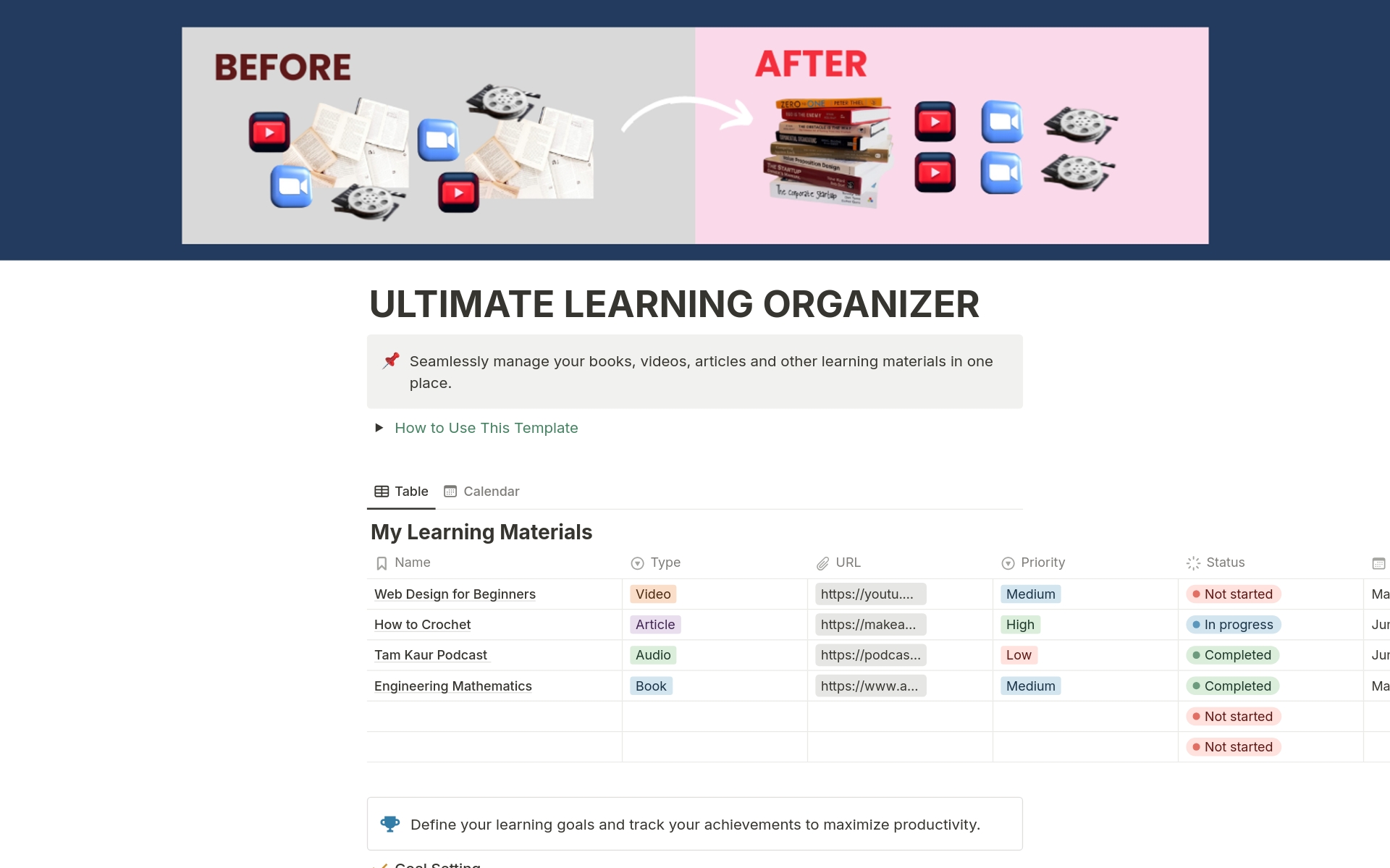 Uma prévia do modelo para Ultimate Learning Organizer