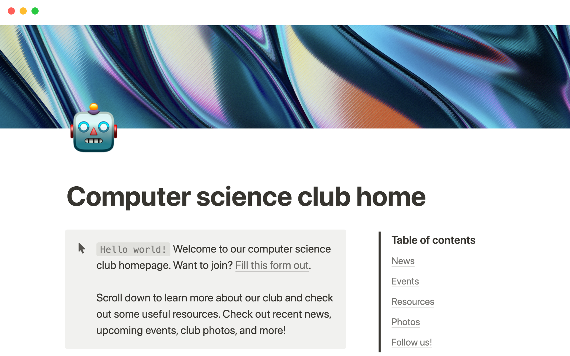 En förhandsgranskning av mallen för Computer science club home