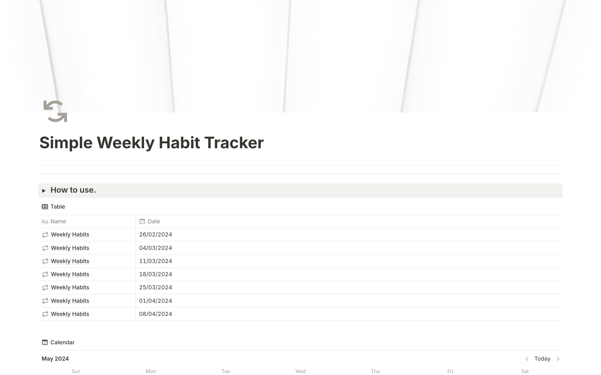 En förhandsgranskning av mallen för Simple Habit Tracker