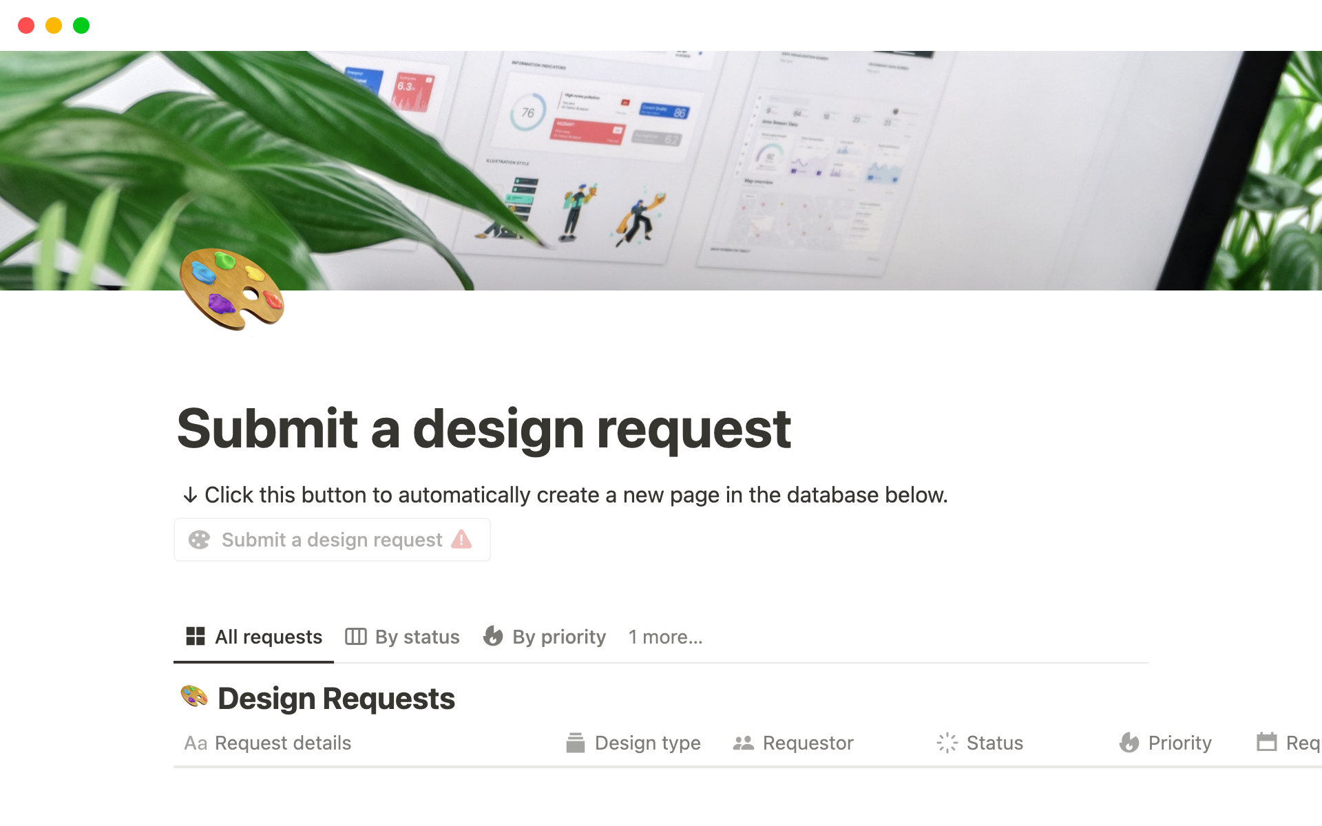 En forhåndsvisning av mal for Submit a design request