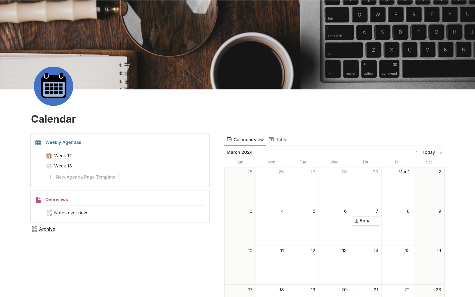 A full function Notion template with different pages to manage your weekly to dos (personal & work), notes, longterm plans and birthdays.