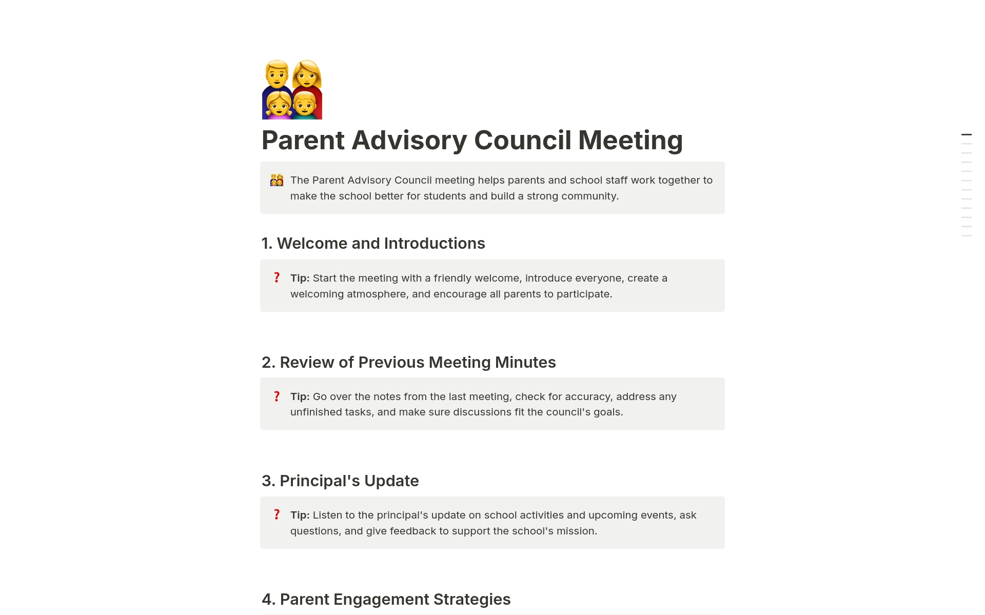 A template preview for Parent Advisory Council Meeting