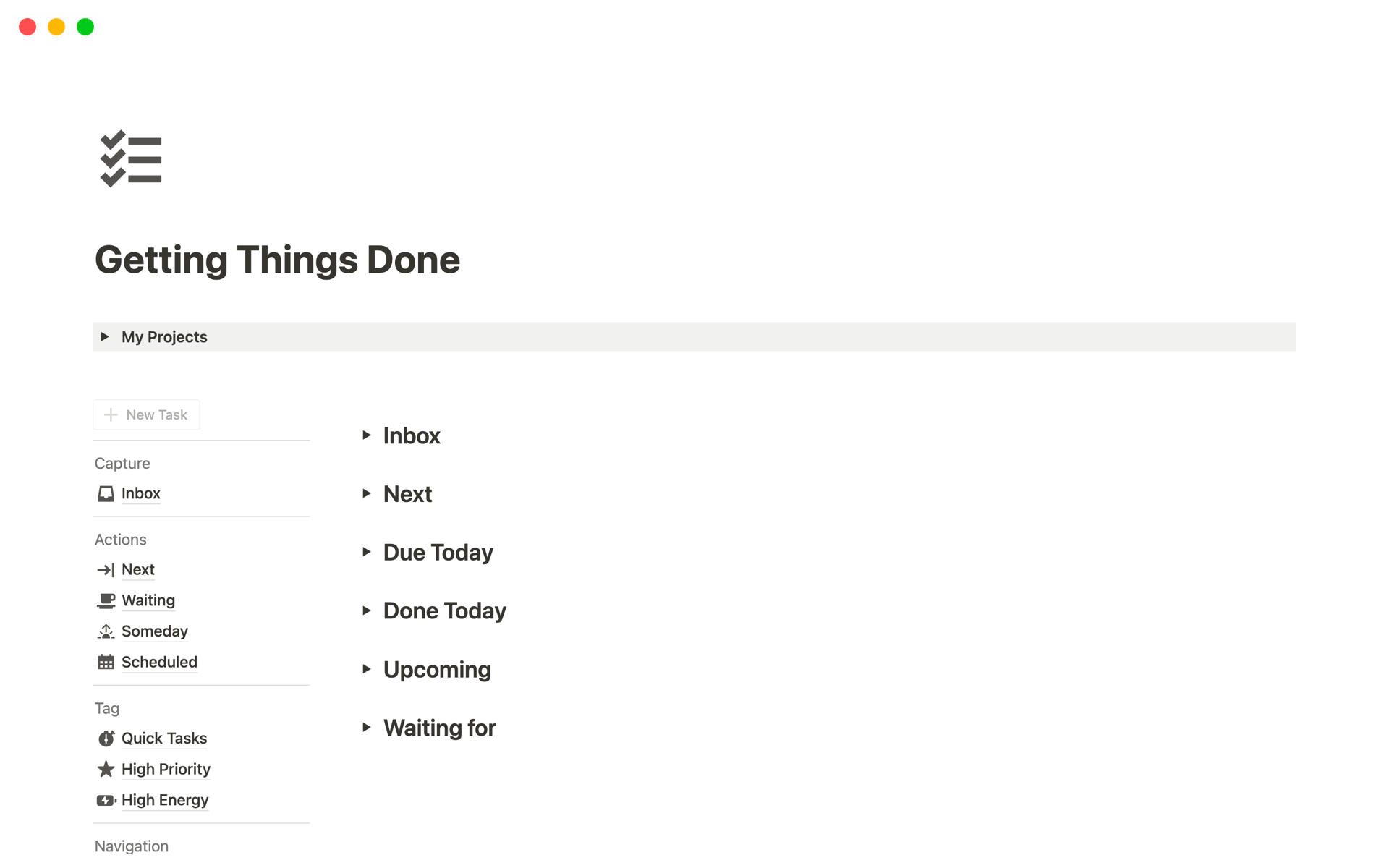 A template preview for Getting Things Done