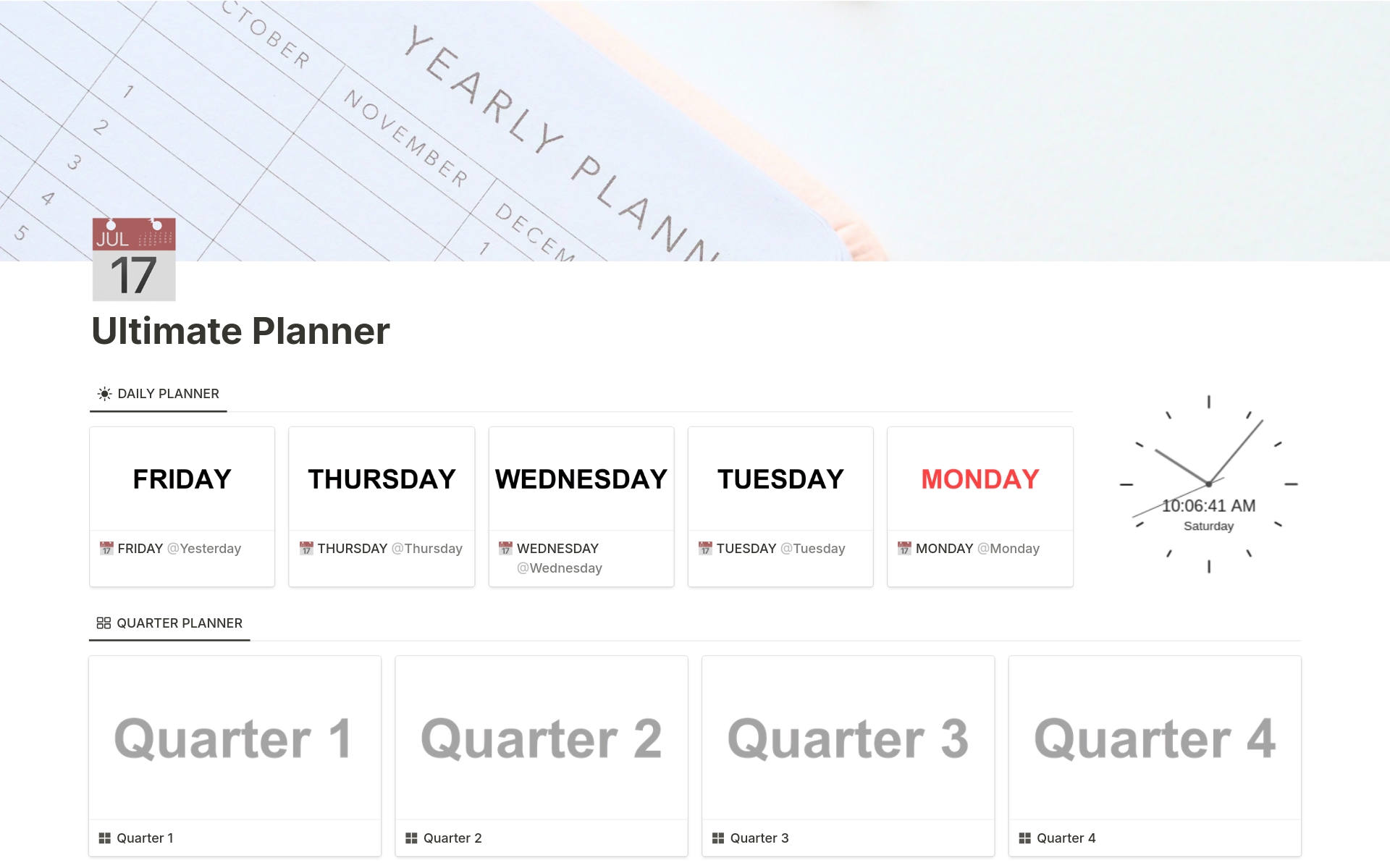 Reach your goals with planners

Form healthy habits and organize your life more efficiently with your Ultimate Planner Notion template