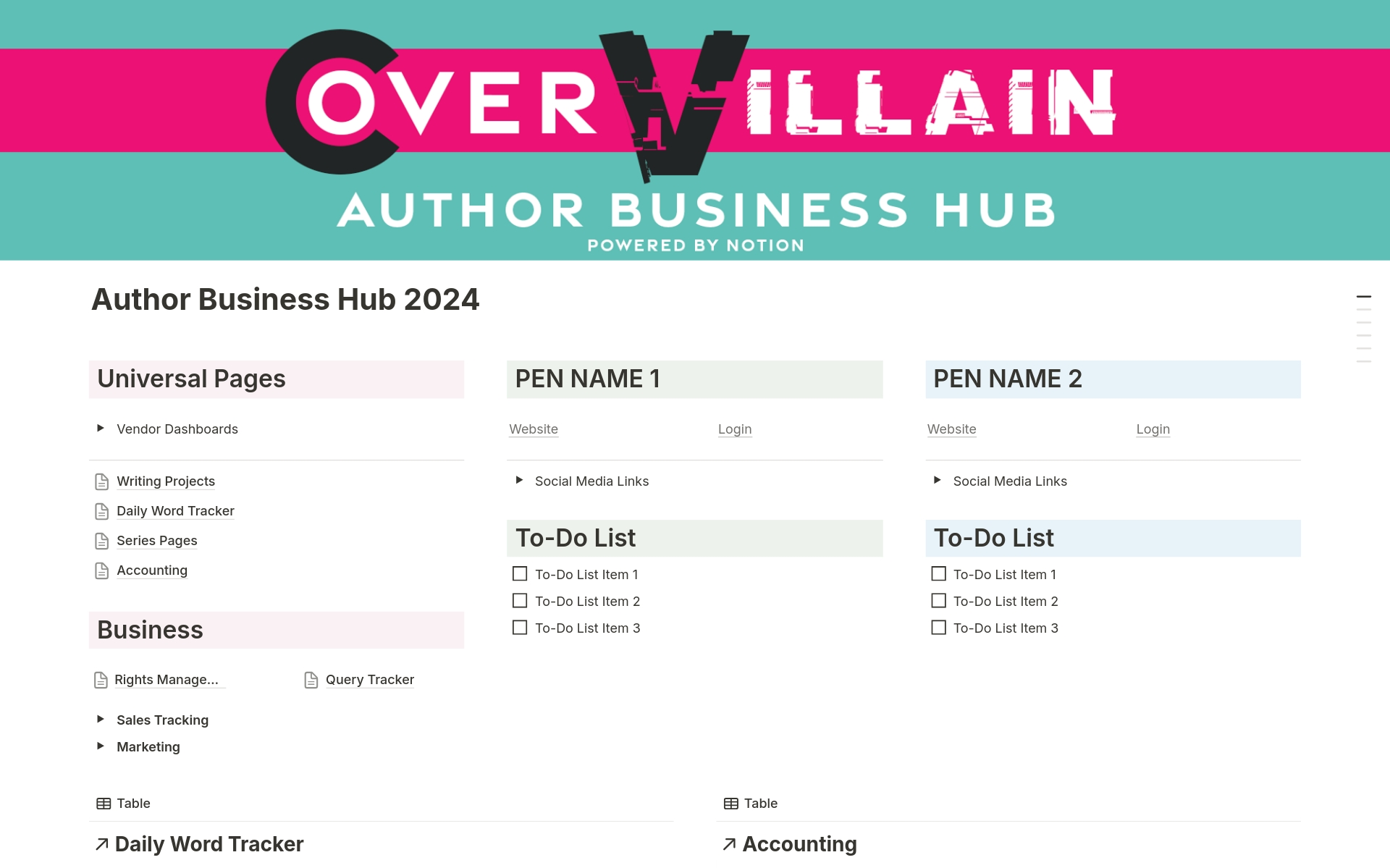 En forhåndsvisning av mal for Author Business Hub