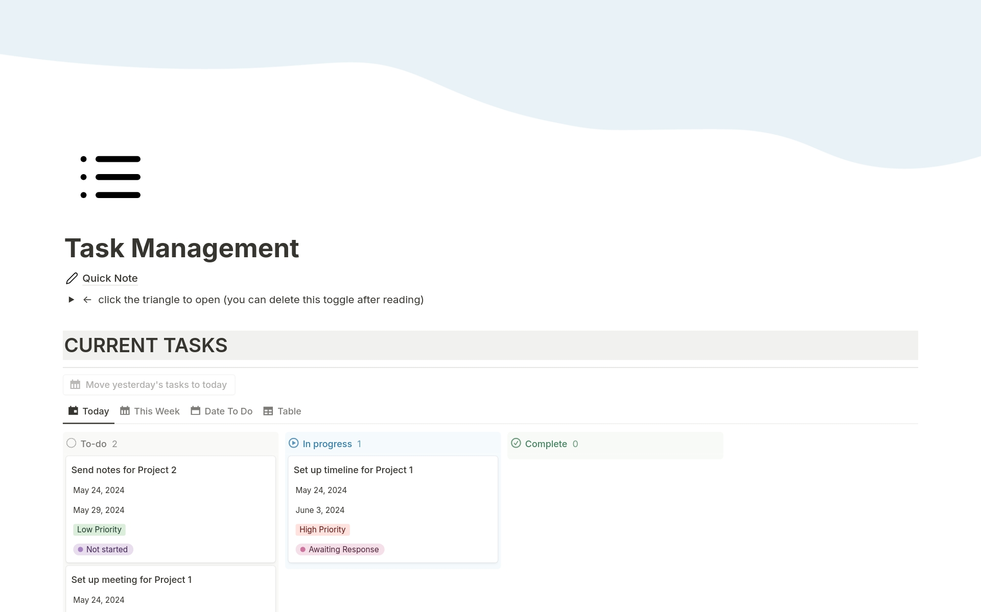 En förhandsgranskning av mallen för Task Management Dashboard