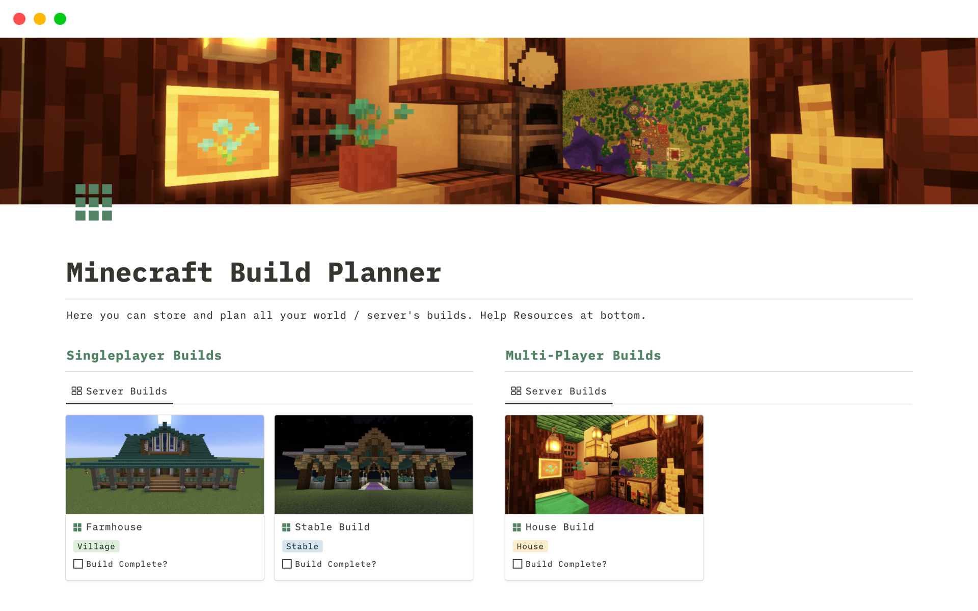 Aperçu du modèle de Minecraft Build Planner