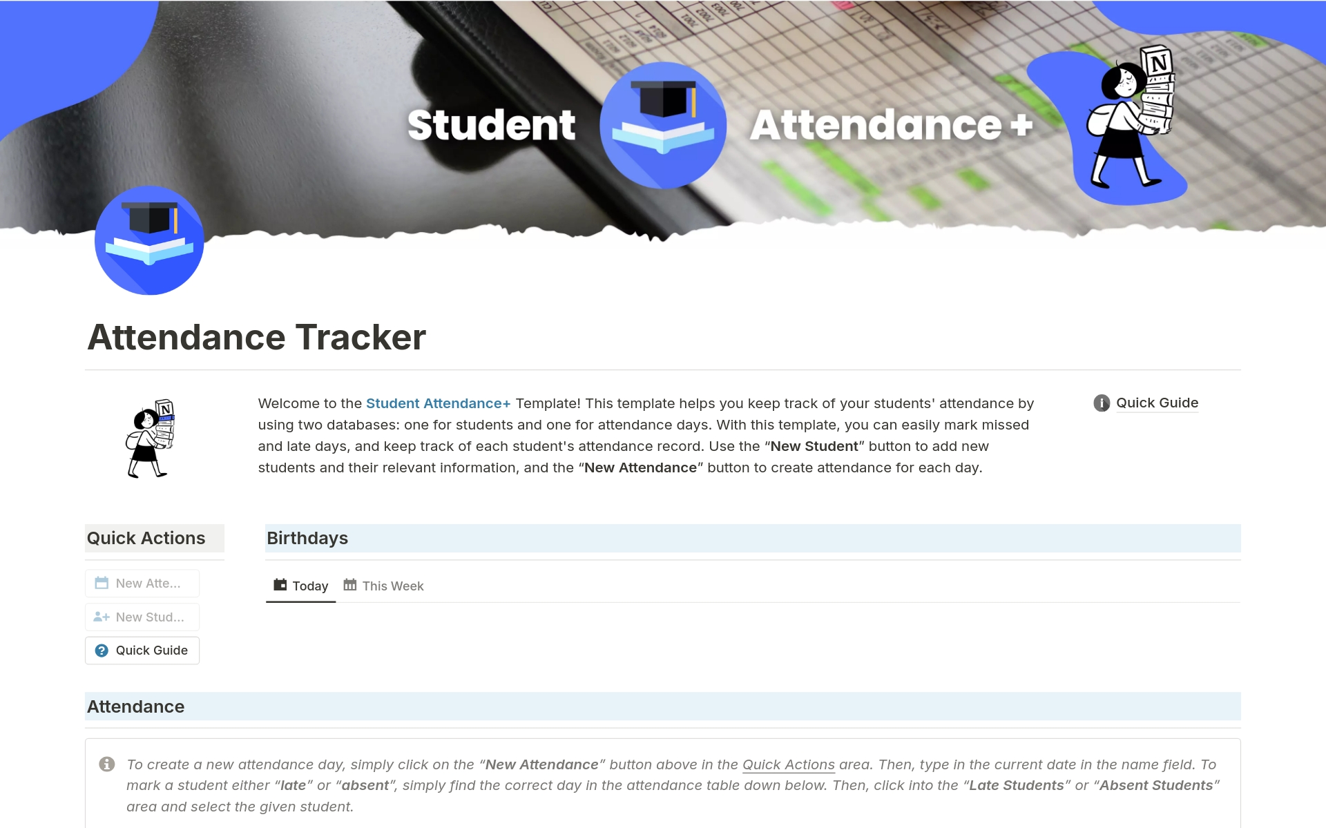 En förhandsgranskning av mallen för Student Attendance Tracker for Teachers