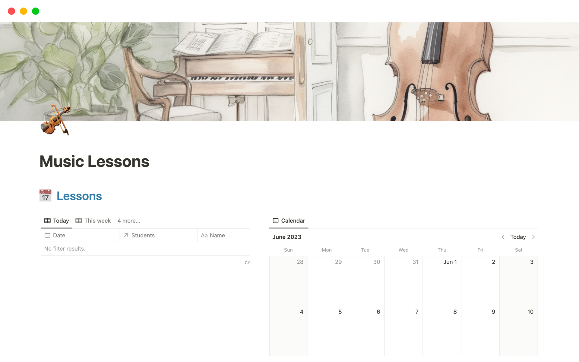 En förhandsgranskning av mallen för Music lessons