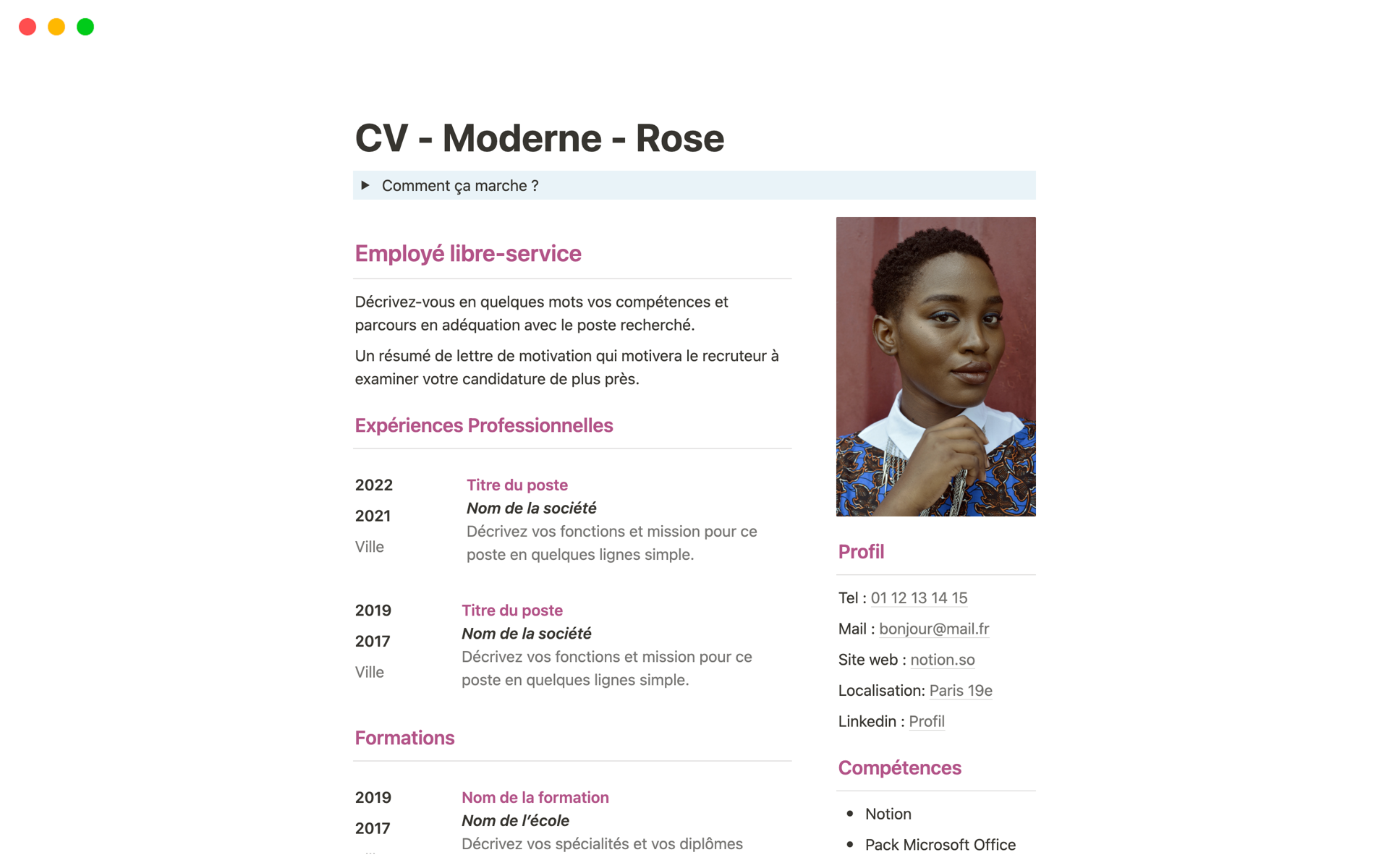 En förhandsgranskning av mallen för CV - Moderne - Rose