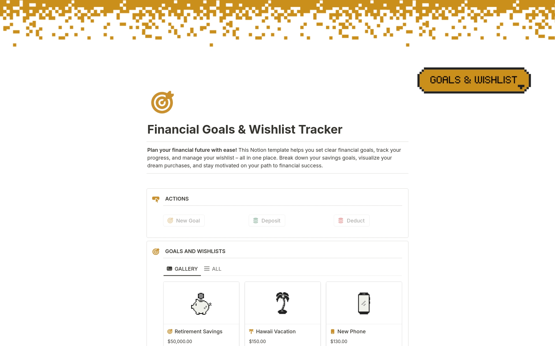 A template preview for Financial Goals & Wishlist