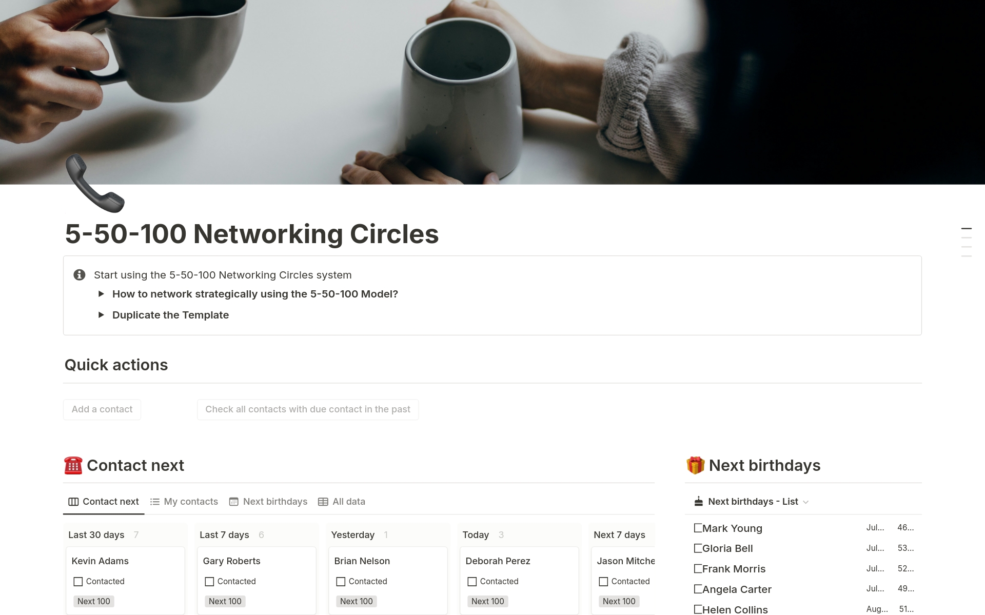 Optimize your networking with the 5-50-100 Networking Circles template. Categorize contacts into three circles: Top 5 (weekly), Key 50 (monthly), and Next 100 (quarterly). Stay connected, remember important details, and nurture meaningful relationships efficiently.