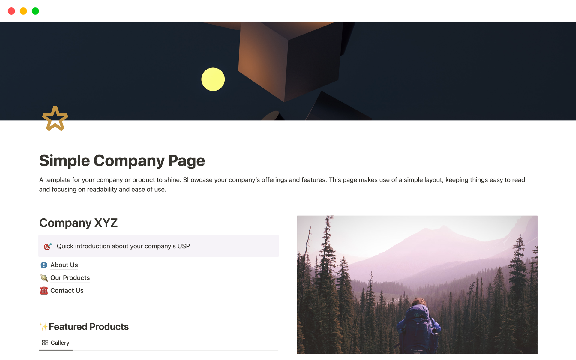 En forhåndsvisning av mal for Simple Company Landing Page