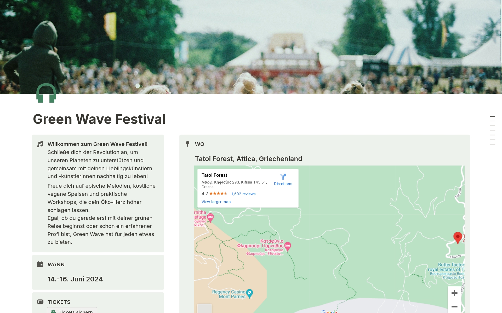 Eine Vorlage für eine Festival-Website. Plane damit ein Sommer-Musikfestival mit Programm, Zeitplan und Ticket-Informationen.