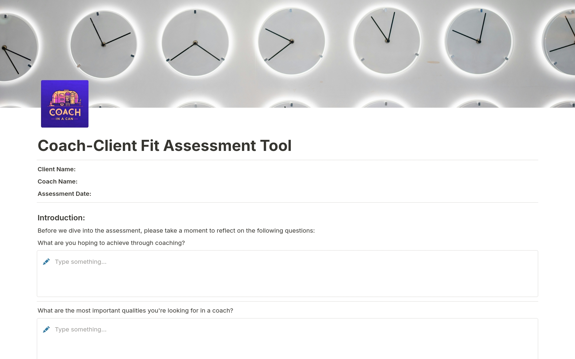 En forhåndsvisning av mal for Coach-Client Fit Assessment Tool
