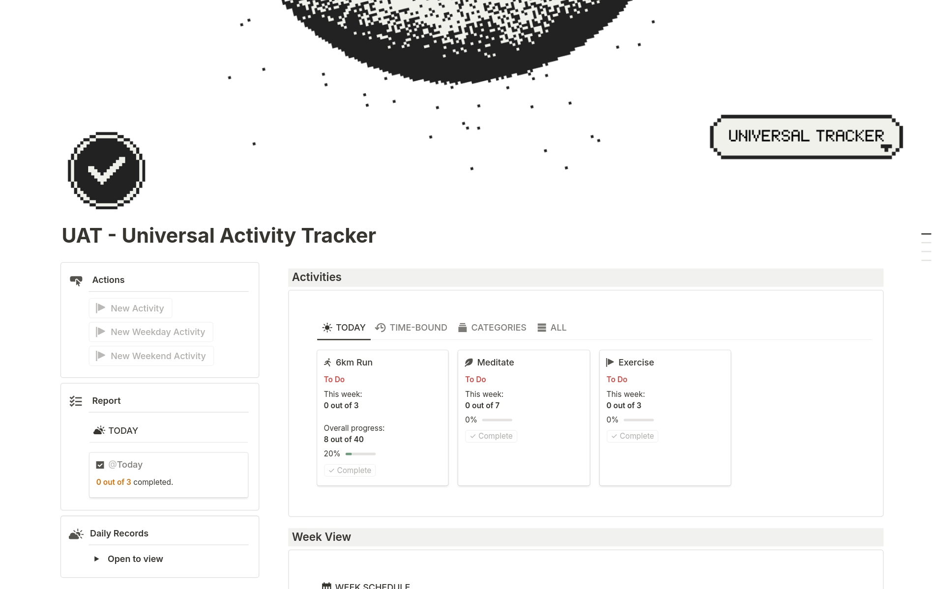 A template preview for Universal Activity Tracker