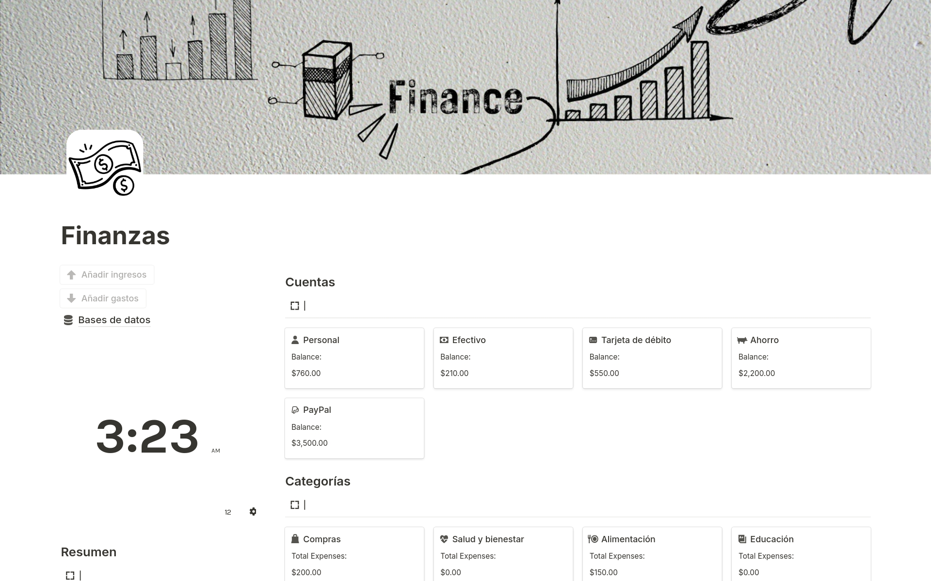 A template preview for Finanzas 