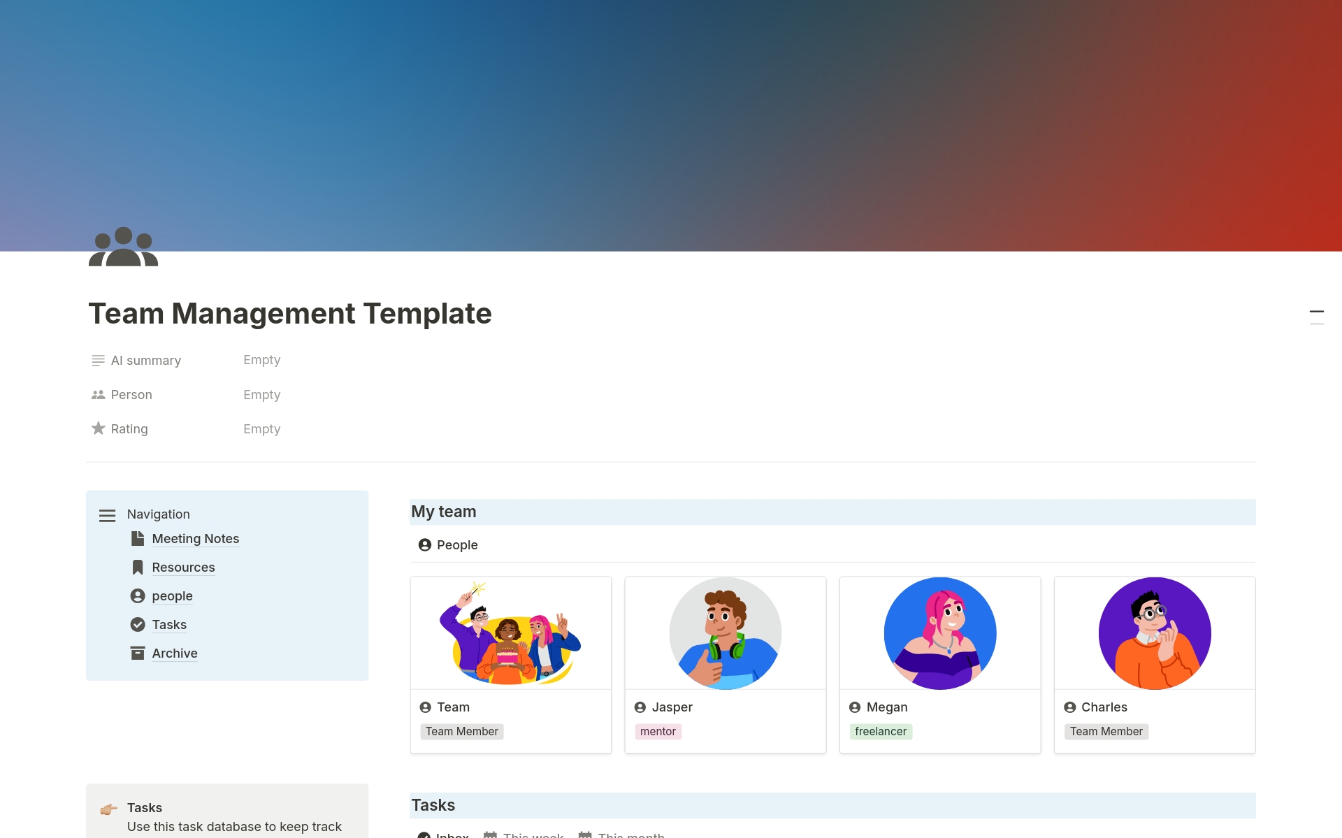 This Notion Team Management Template is all you need to keep tabs on your entire team. Filled with helpful relations to categorize tasks, resources, and meeting notes, as well as Notion AI integrations that keep your info browsable and easy to consume