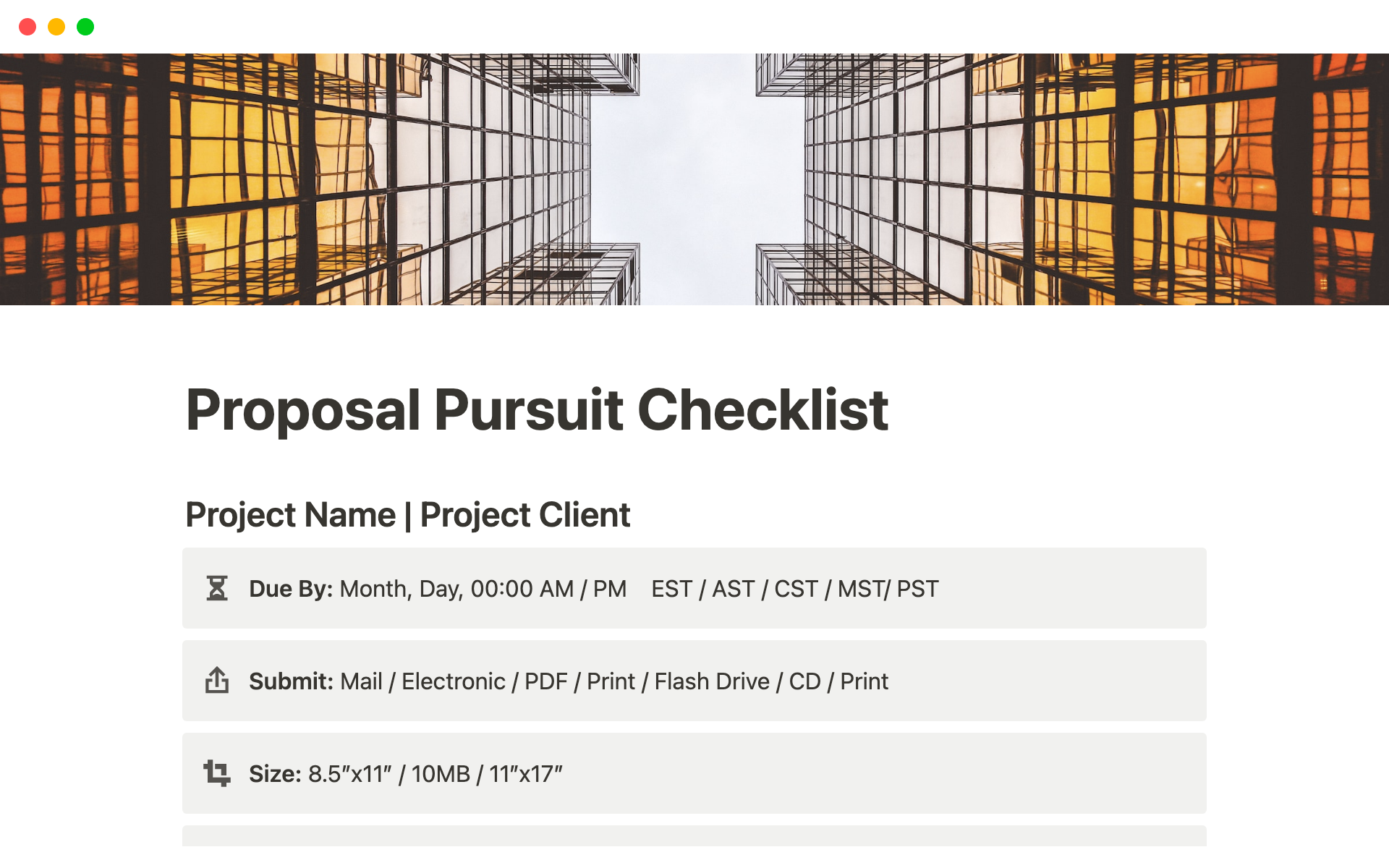 En förhandsgranskning av mallen för Proposal Pursuit Checklist