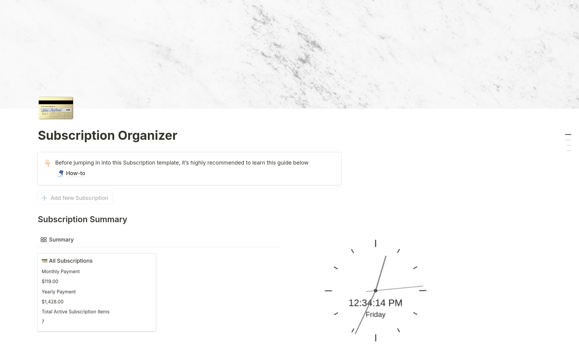 A template preview for Subscription Organiser