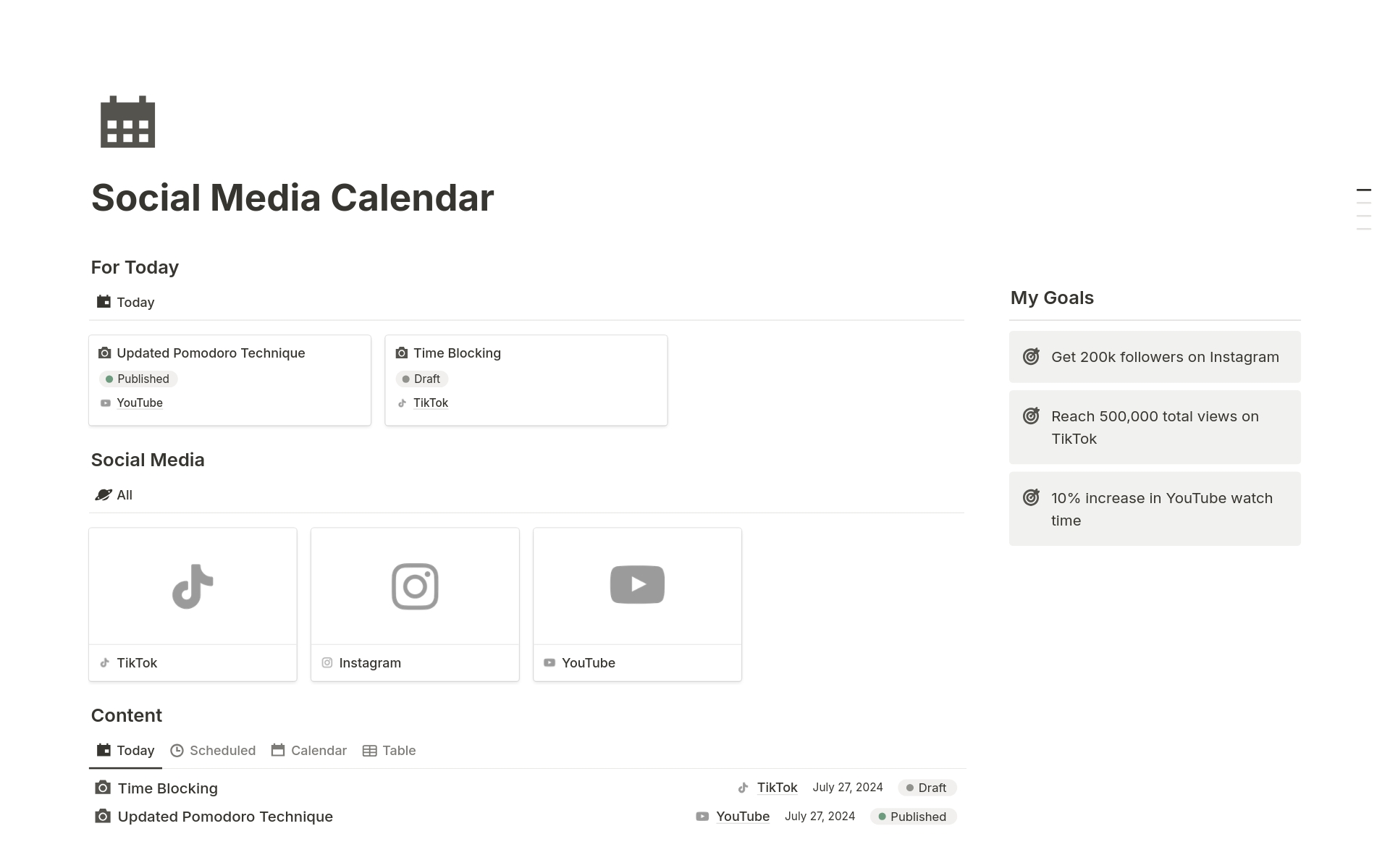 En forhåndsvisning av mal for Social Media Calendar
