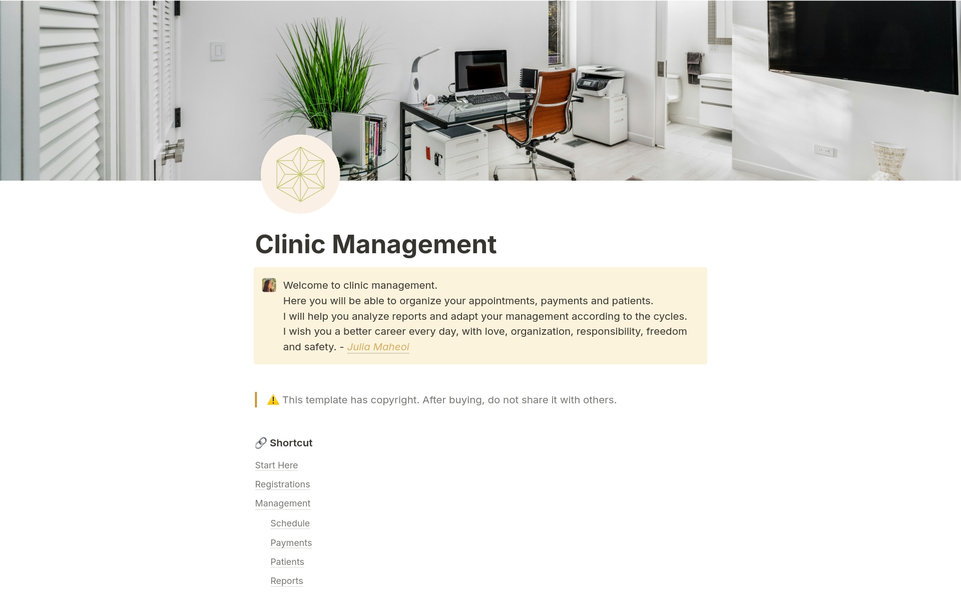 En förhandsgranskning av mallen för Clinic management