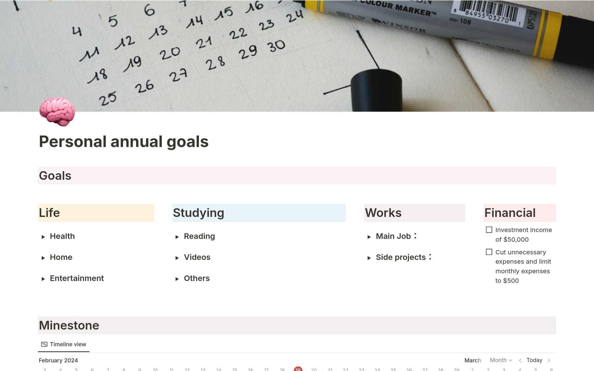 A template preview for Personal annual goals management 