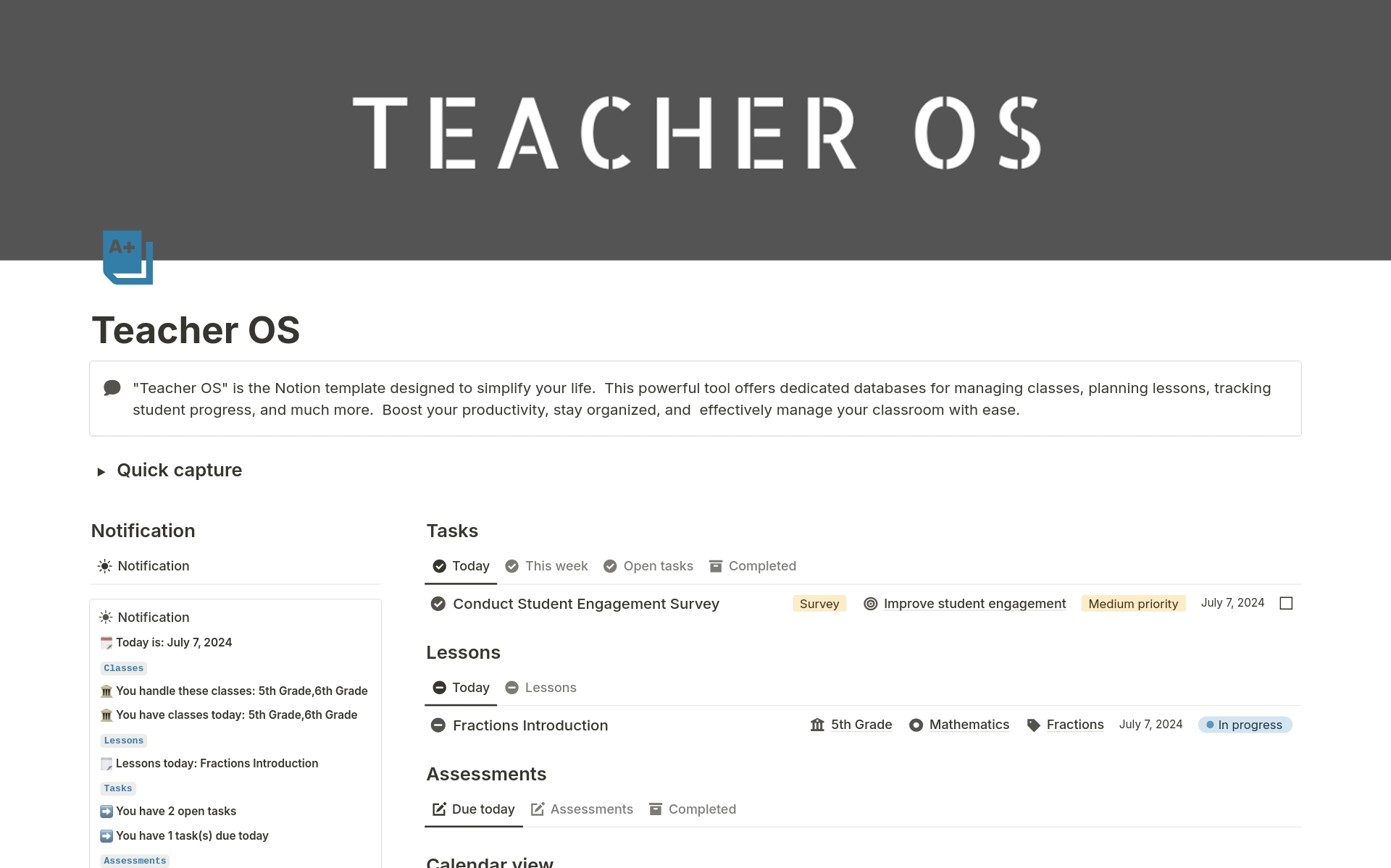 "Teacher OS" is the Notion template designed to simplify your life.  This powerful tool offers dedicated databases for managing classes, planning lessons, tracking student progress, and much more.  