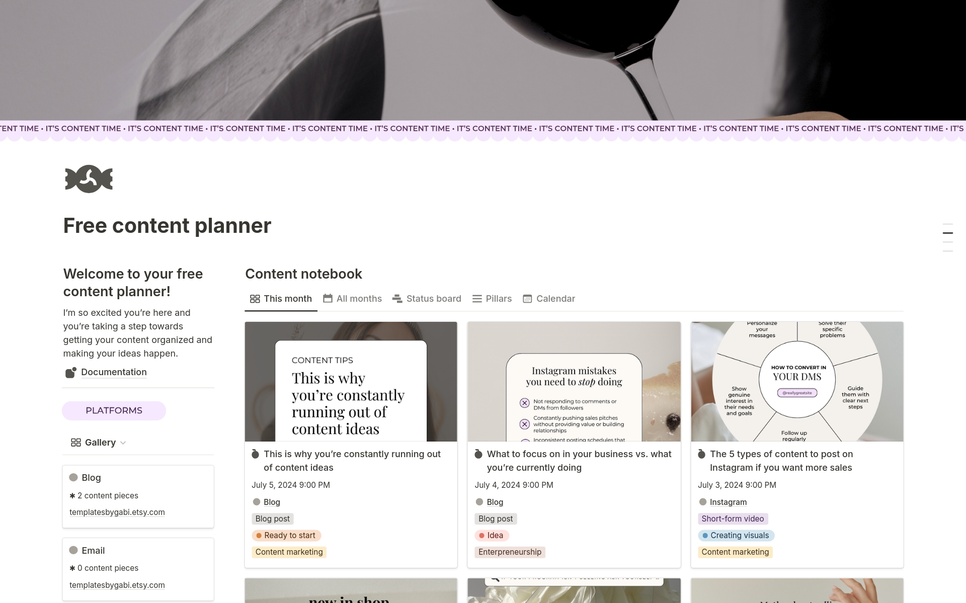 Vista previa de una plantilla para Content planner
