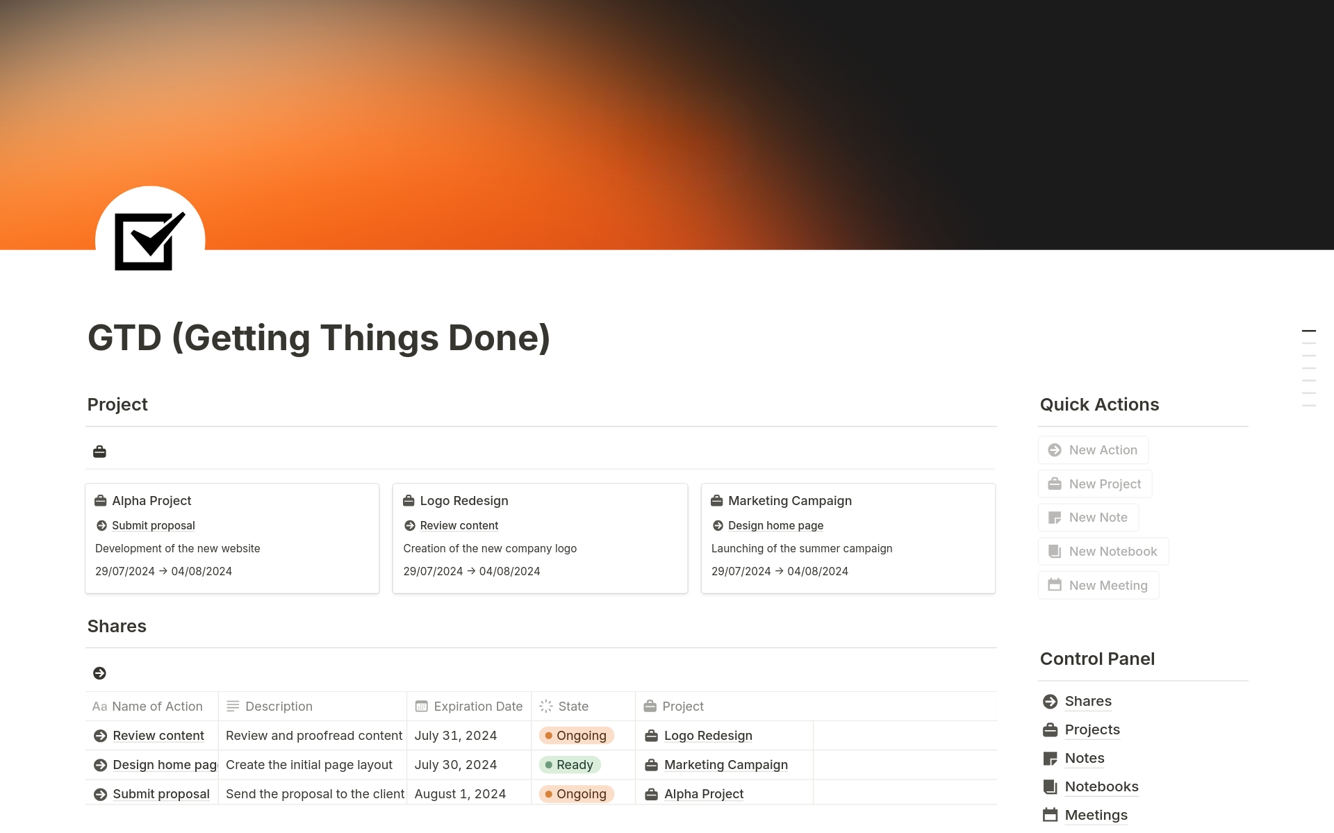 A template preview for GTD (Getting Things Done)