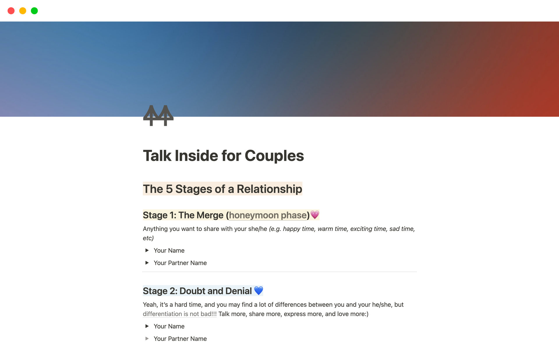 En forhåndsvisning av mal for Talk Inside for Couples