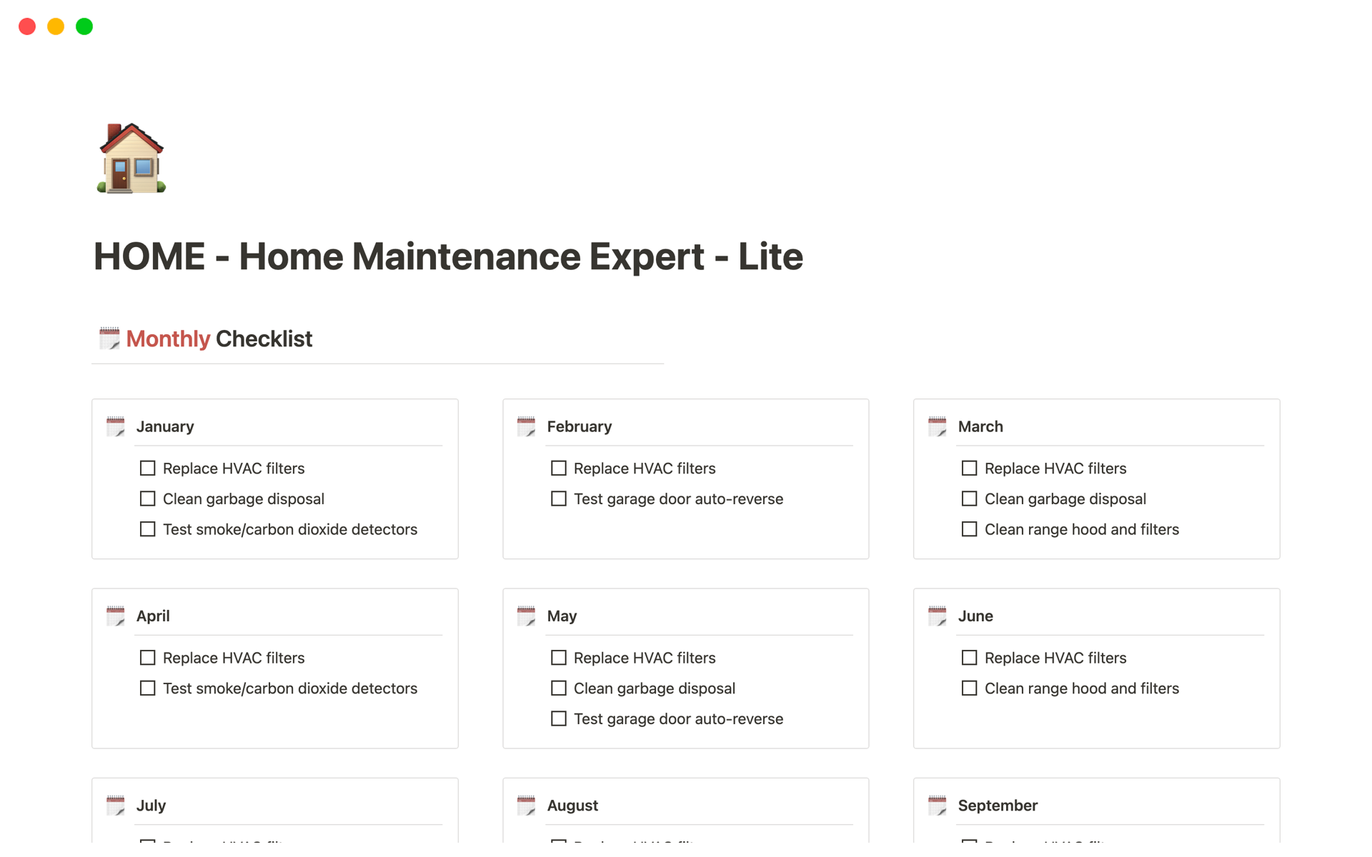 HOME Lite is a Notion template that simplifies home maintenance with a static page of monthly, seasonal, and annual tasks to keep your home in tip-top shape.