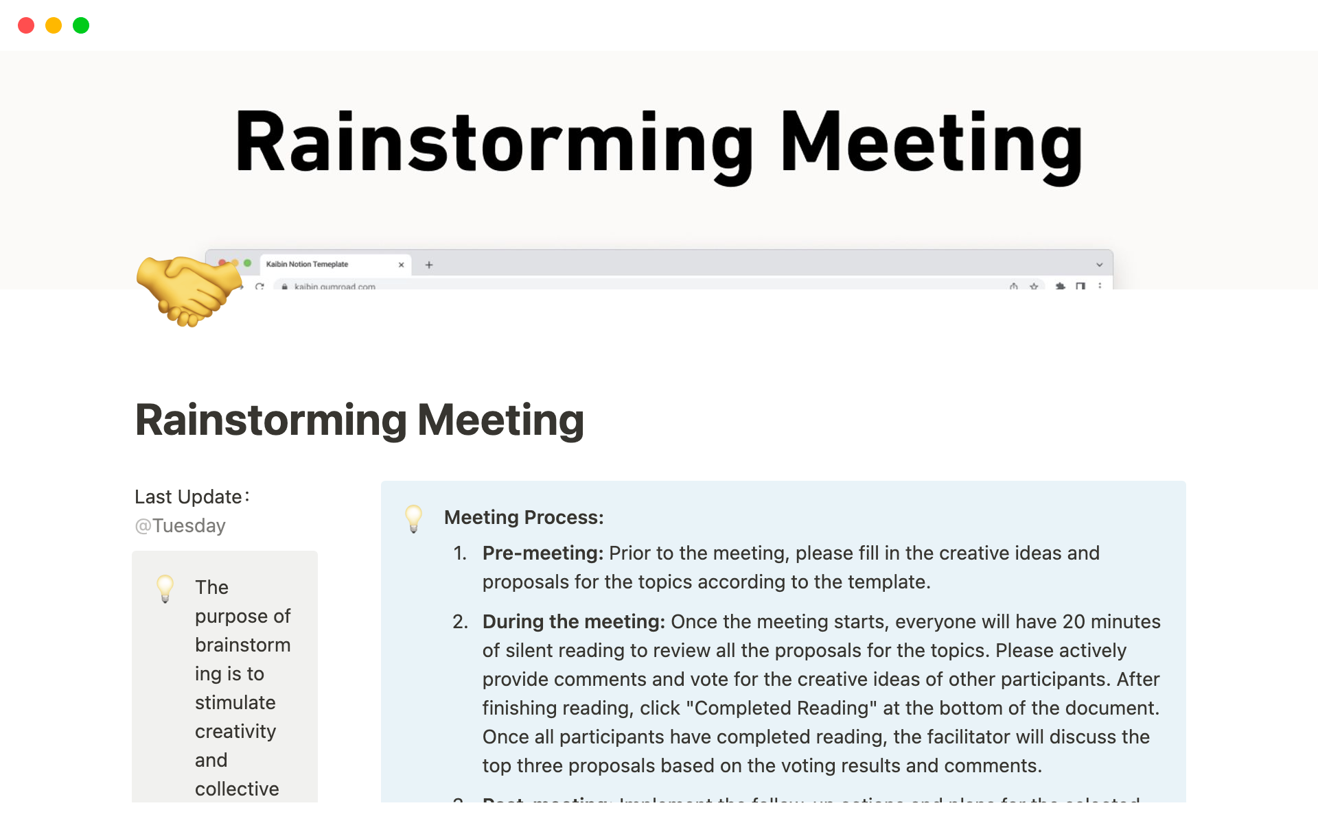 En forhåndsvisning av mal for Rainstorming Meeting