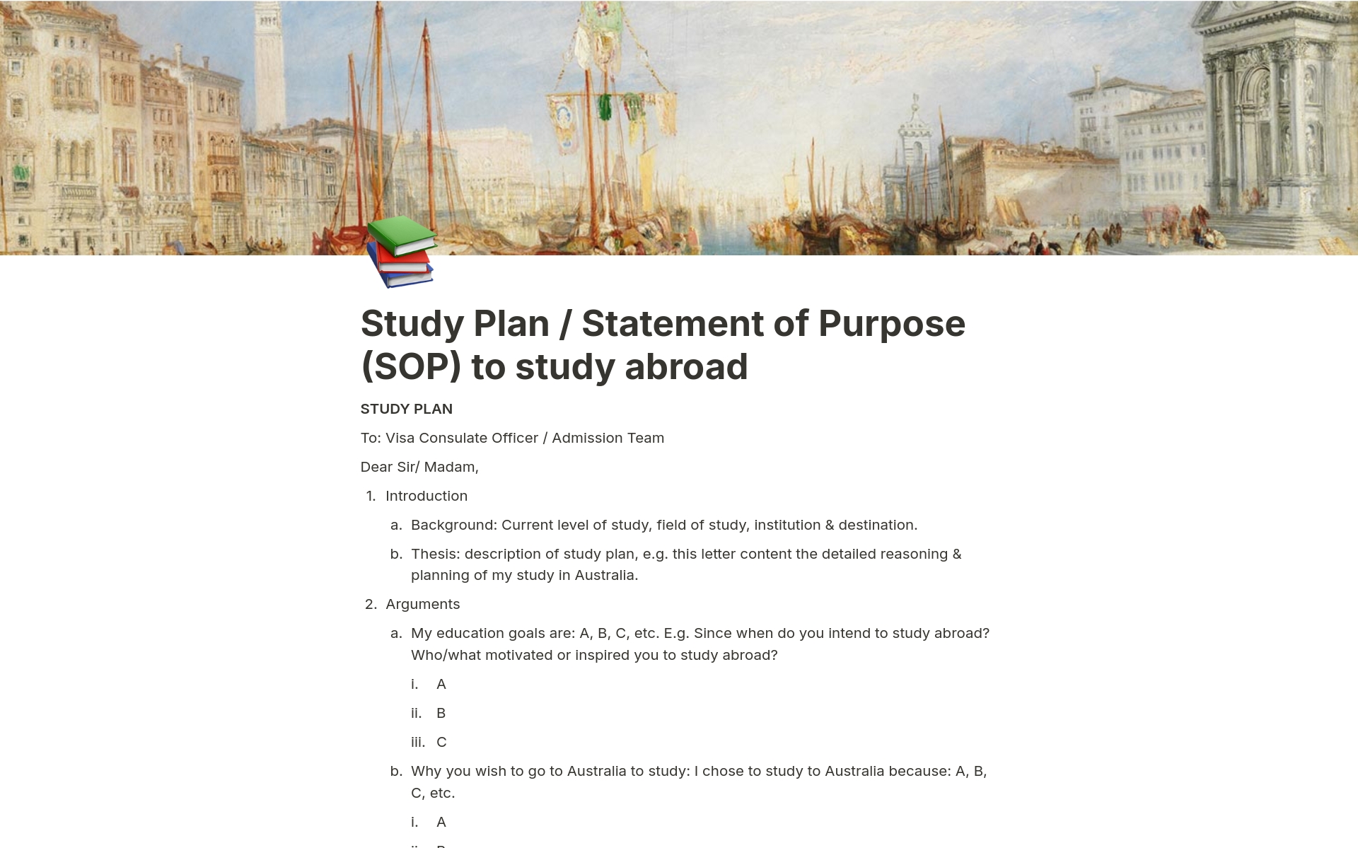 En forhåndsvisning av mal for Study Plan (SOP) to study abroad