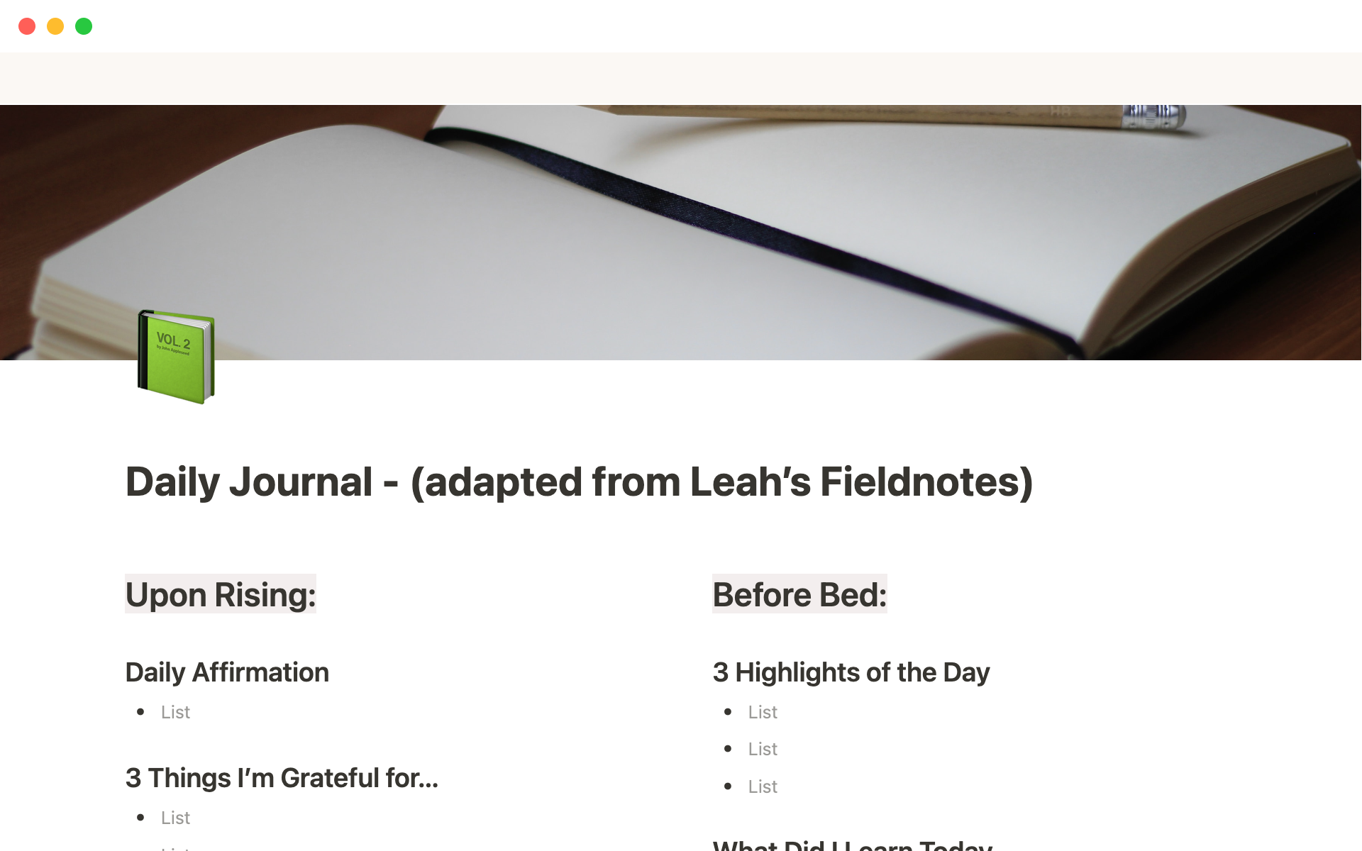 A Daily Journal template that was inspired by a video from the Youtube channel - Leah's Fieldnotes