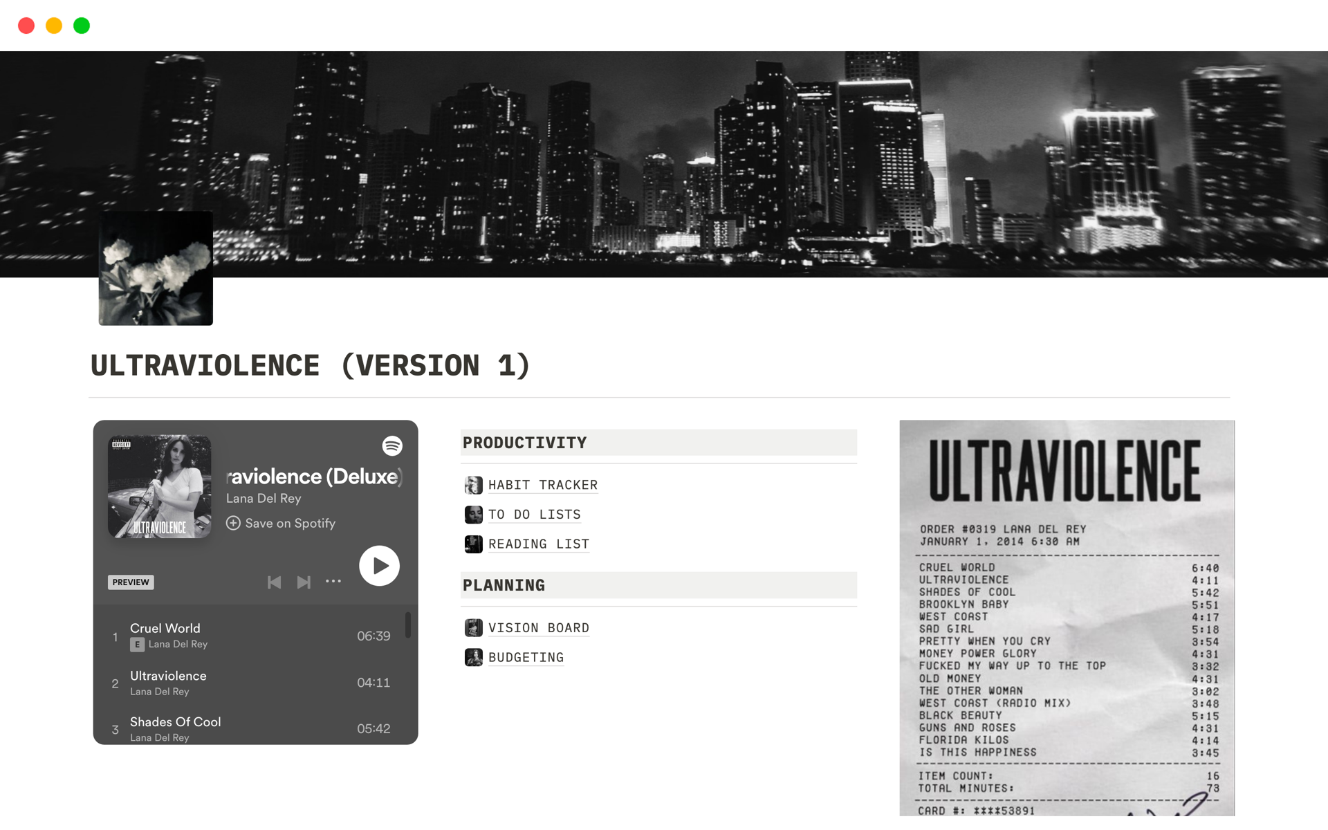 Lana Del Rey's Ultraviolence Notion Template. Available in Dark and Light Mode!