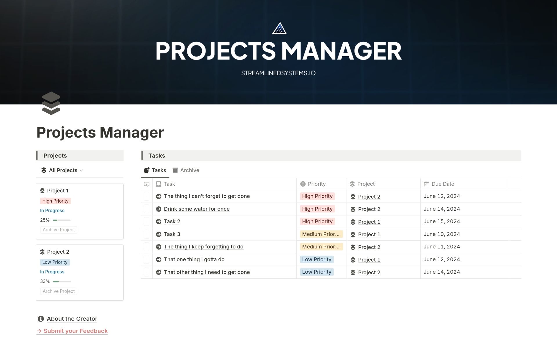 En förhandsgranskning av mallen för Projects Manager