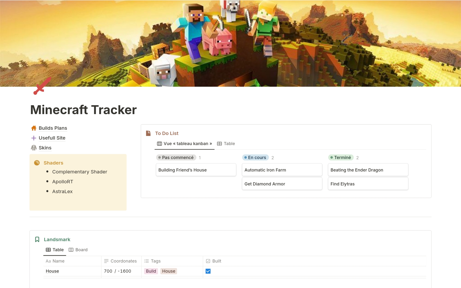 En forhåndsvisning av mal for Minecraft World Tracker