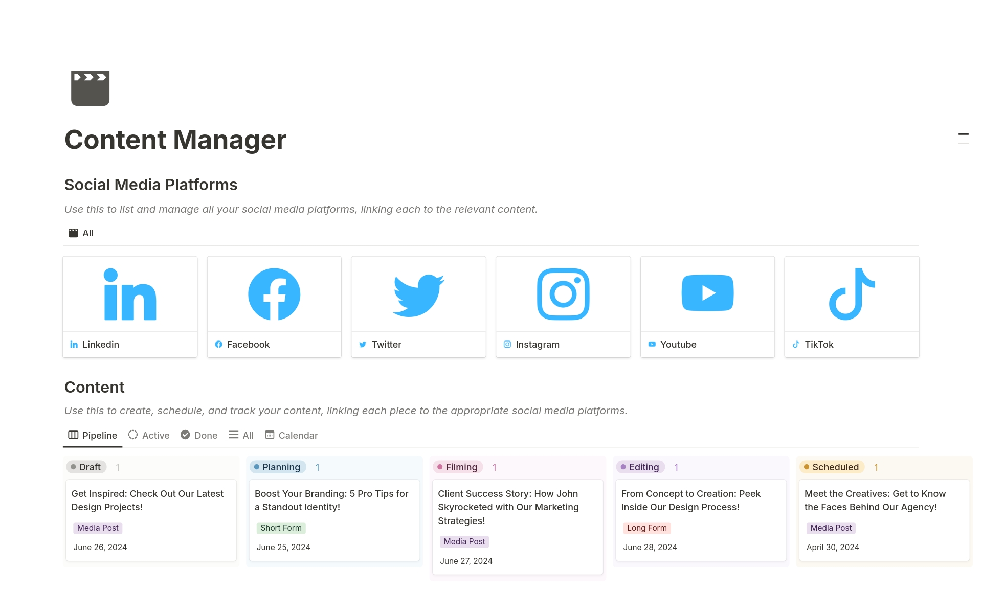 Organize and manage your social media presence effortlessly. The Social Media Platforms Database helps you handle all your channels, while the Content Database allows easy planning, creation, scheduling, and tracking of your content.