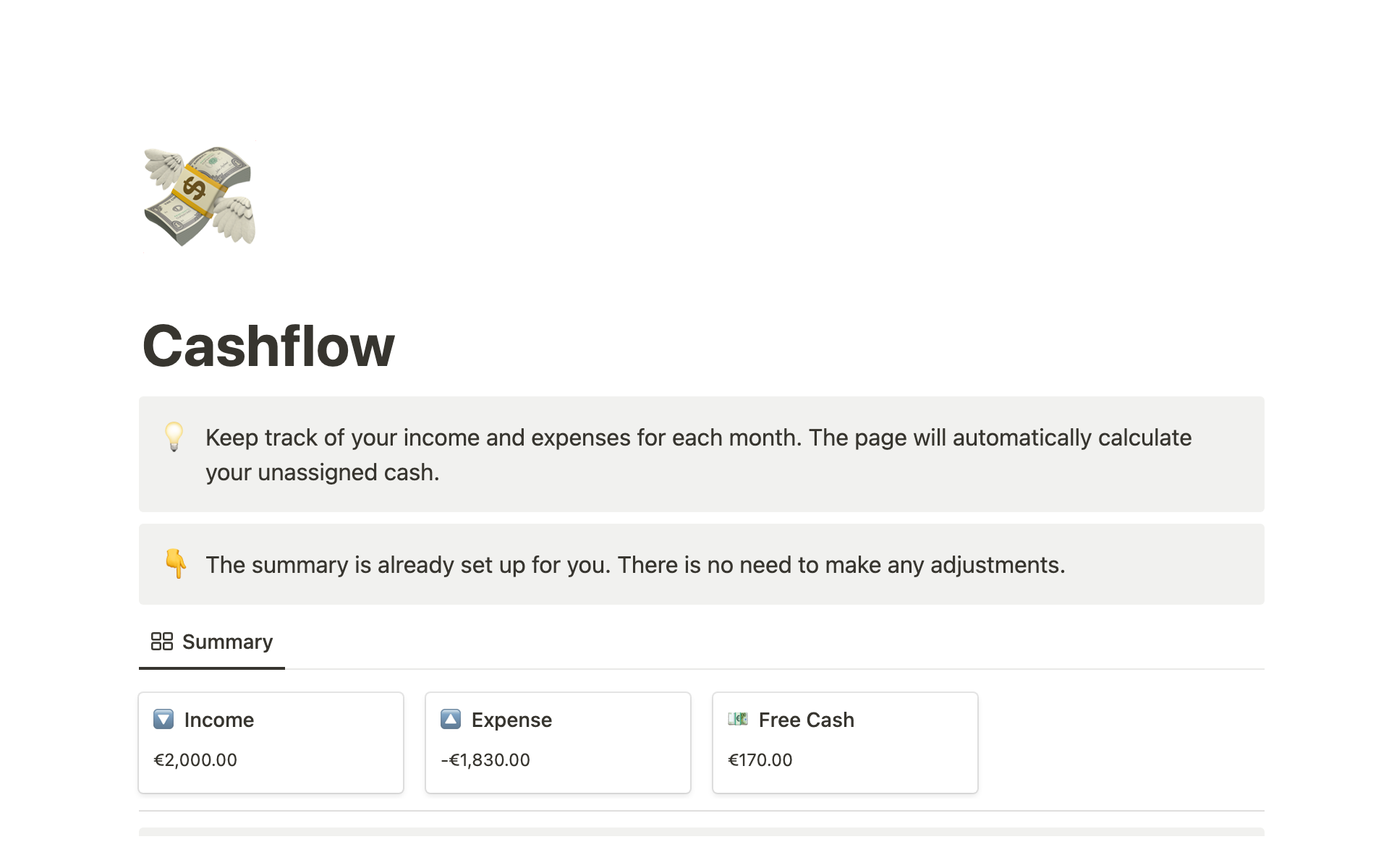 En forhåndsvisning av mal for Monthly Cashflow