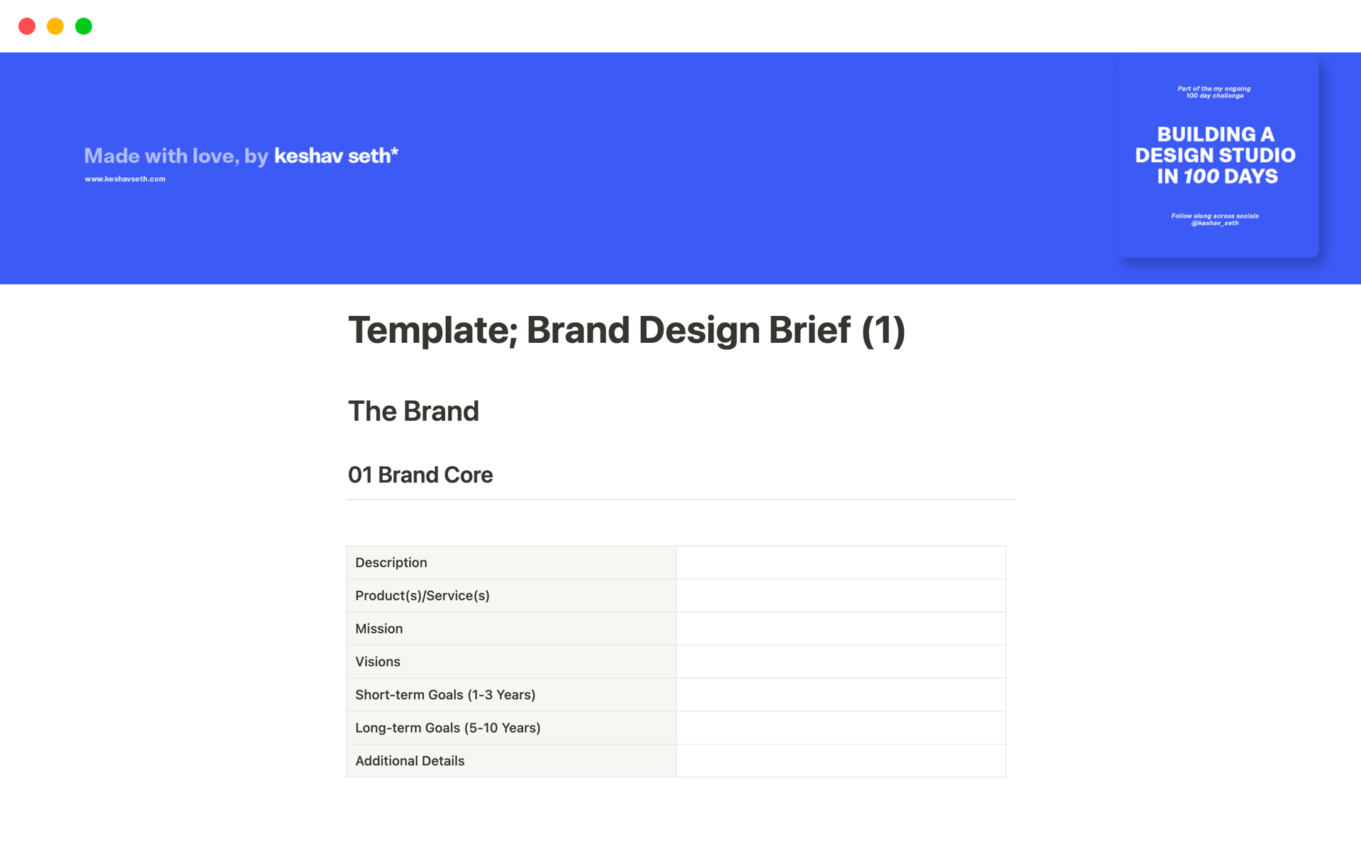 Uma prévia do modelo para Brand Design Brief
