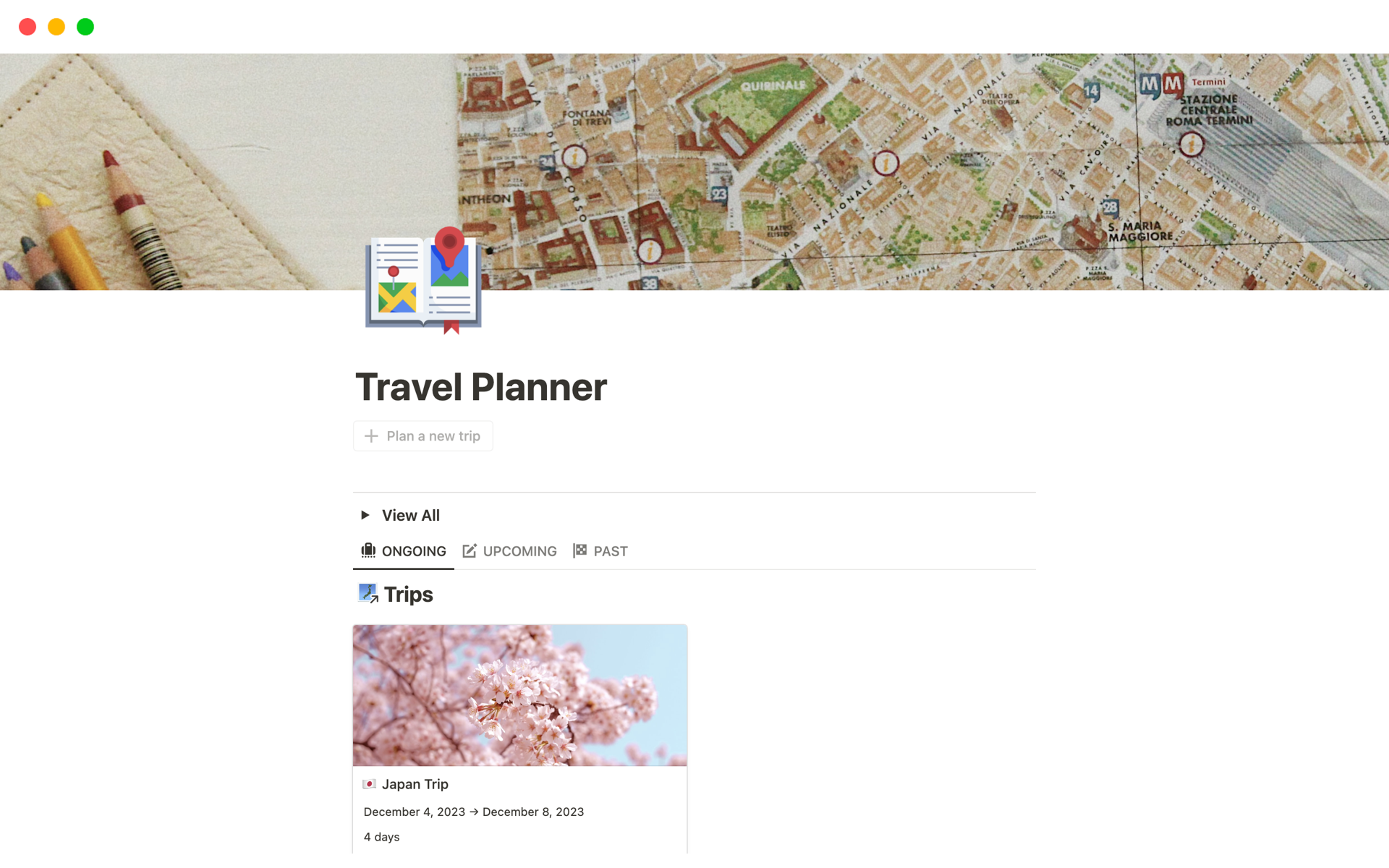 The Travel Planner Notion template simplifies trip organization, allowing you to easily monitor ongoing, upcoming, and past trips all in one place.