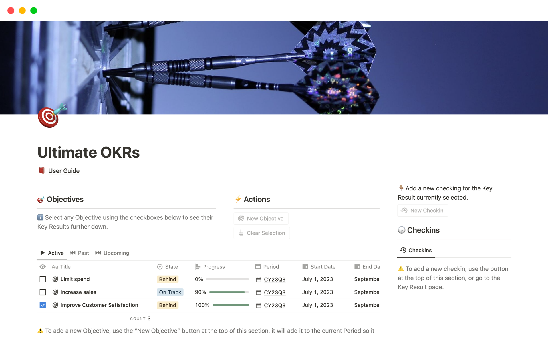 Unlock your OKR potential with the Ultimate Notion Template. One-click objectives, automated Key Results, and easy checkins—all in one place.