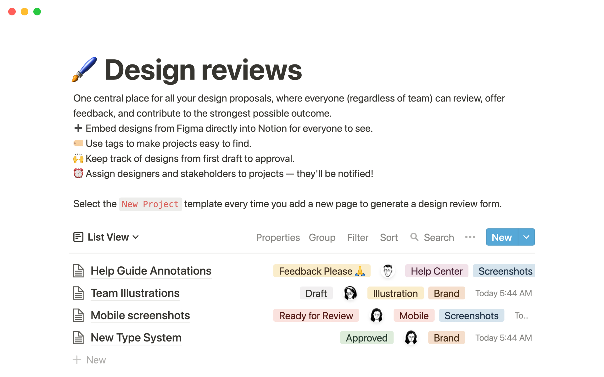 Vista previa de plantilla para Design reviews